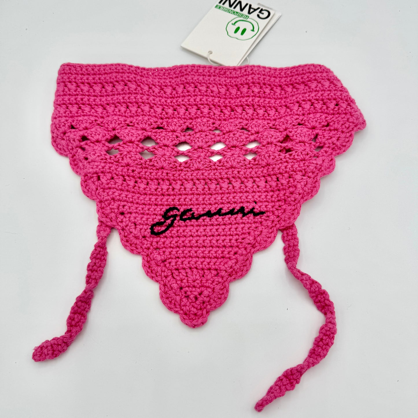 Ganni Pink Crochet Knit Bandana Shocking Pink Logo