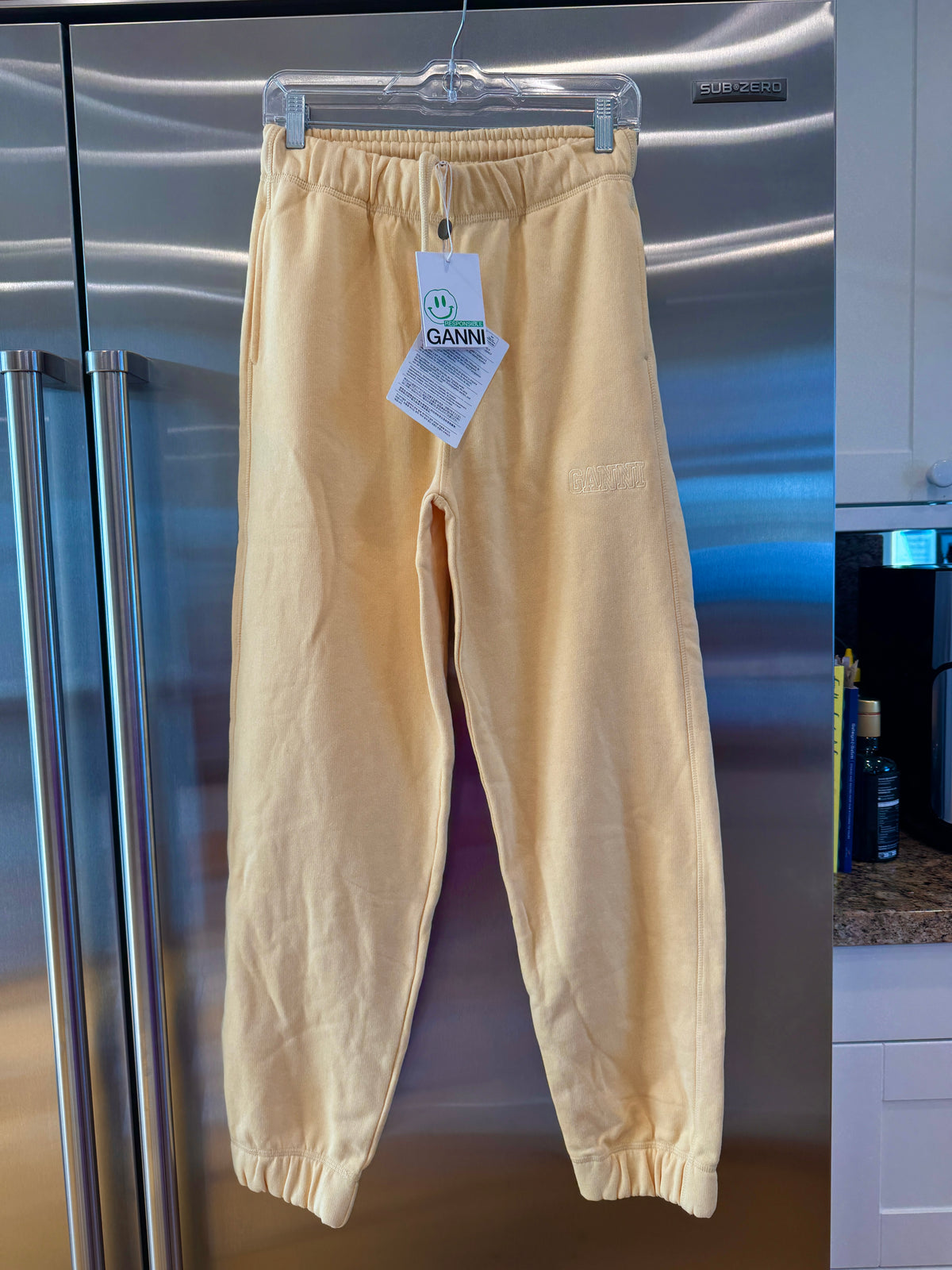 Ganni Isoli Sweatpants in Yellow French Terry Cotton with embroidered logo