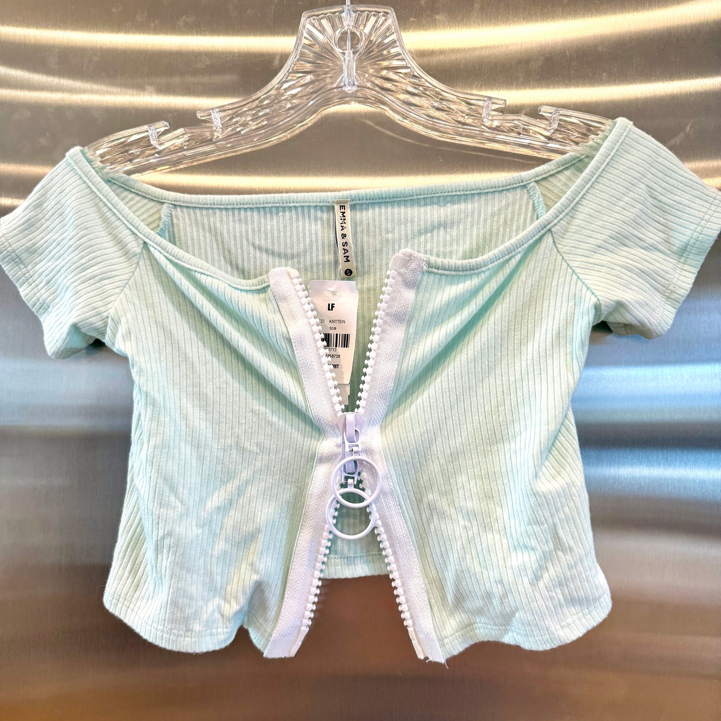 LF Emma and Sam Mint Light Pastel Green Ribbed Crop Top with white zipper