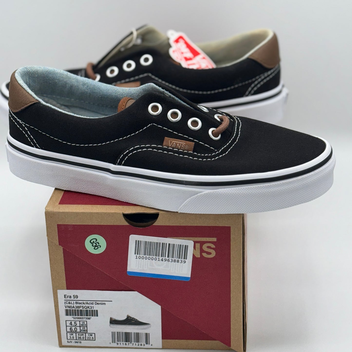 Vans Classic Era 59 Sneakers in Black C & L Acid Denim Brown Leather Trim