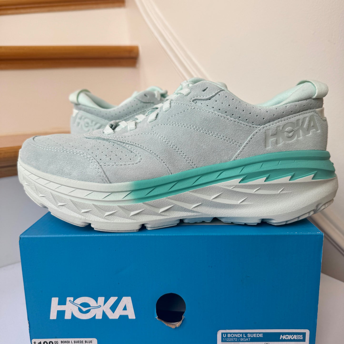 Hoka Bondi L SUEDE Leather U Unisex , Blue Glass / Atlantis Cushioned Shoes