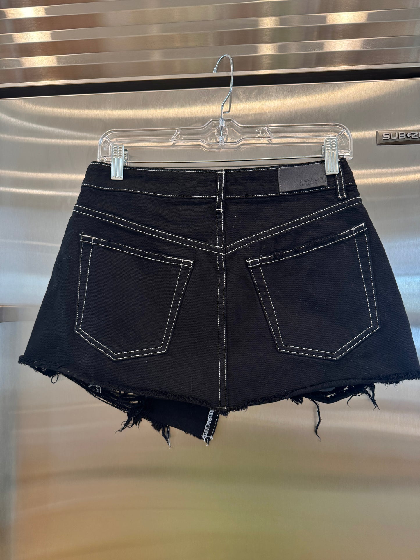 Carmar LF Asymmetrical Black Denim Mini Skirt Distressed Jean Skirt * Pre-Owned *