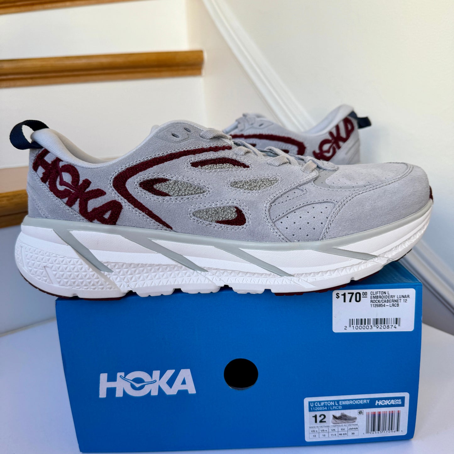 Hoka Clifton Suede Embroidery L Leather Unisex  Grey / Maroon Red Lunar rock Cabernet