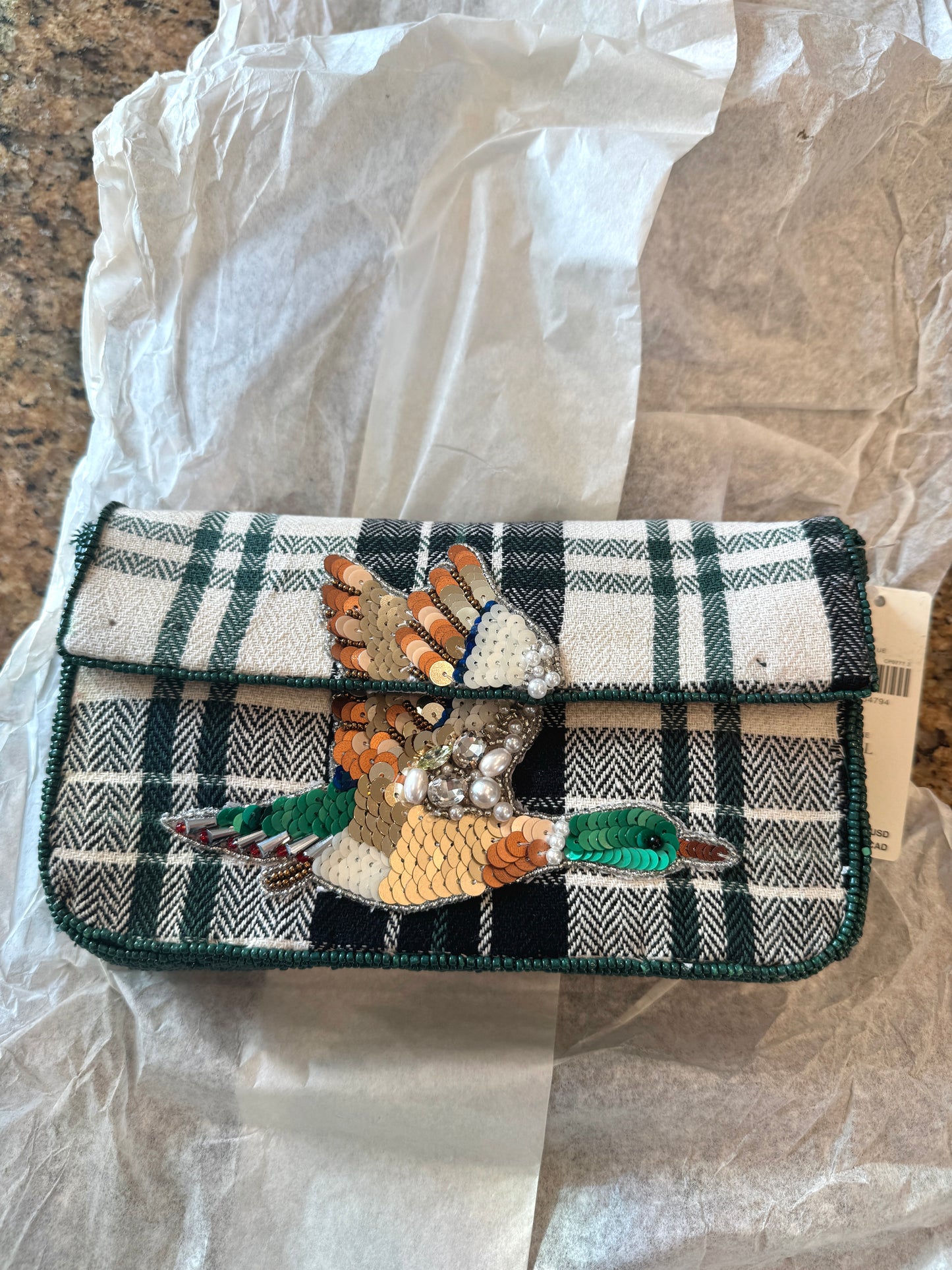 Anthropologie Green Plaid Flannel Fiona Beaded Bag Animal Edition Duck Purse