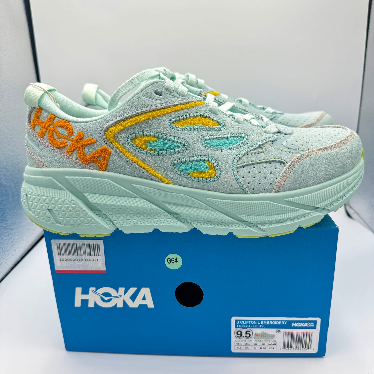 Hoka Clifton L Embroidery UNISEX Shoes Leather blue glass yellow aqua