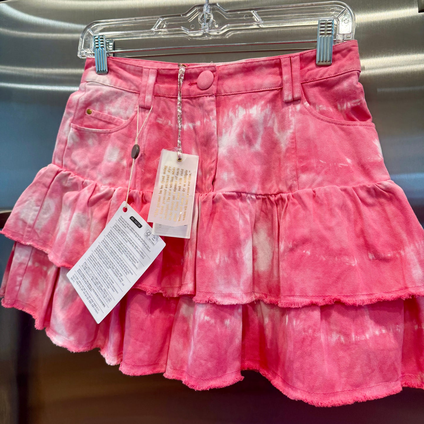 LoveShackFancy Landen Mini Skirt Hibiscus Pink Hand Dye Tiered Ruffle