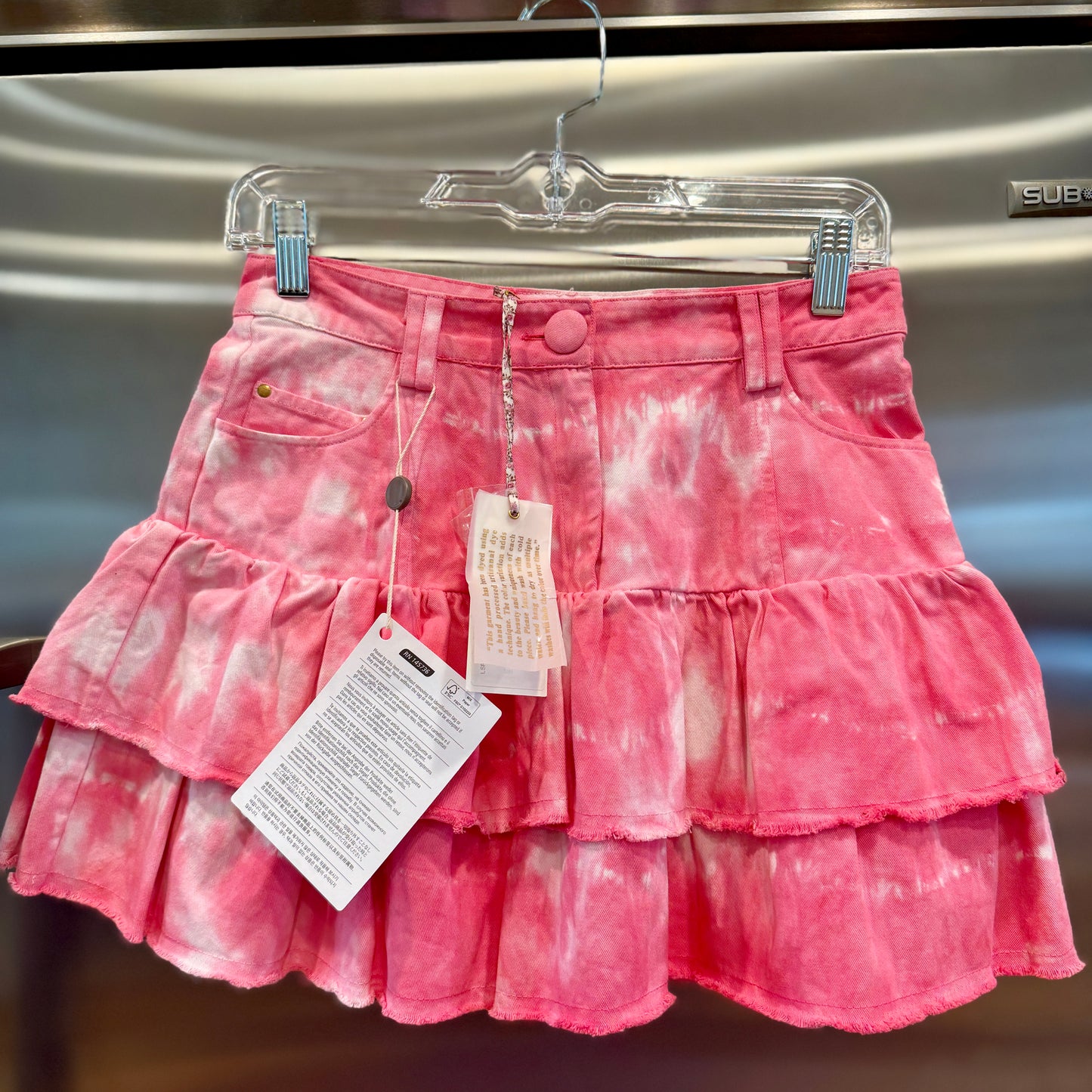 LoveShackFancy Landen Mini Skirt Hibiscus Pink Hand Dye Tiered Ruffle