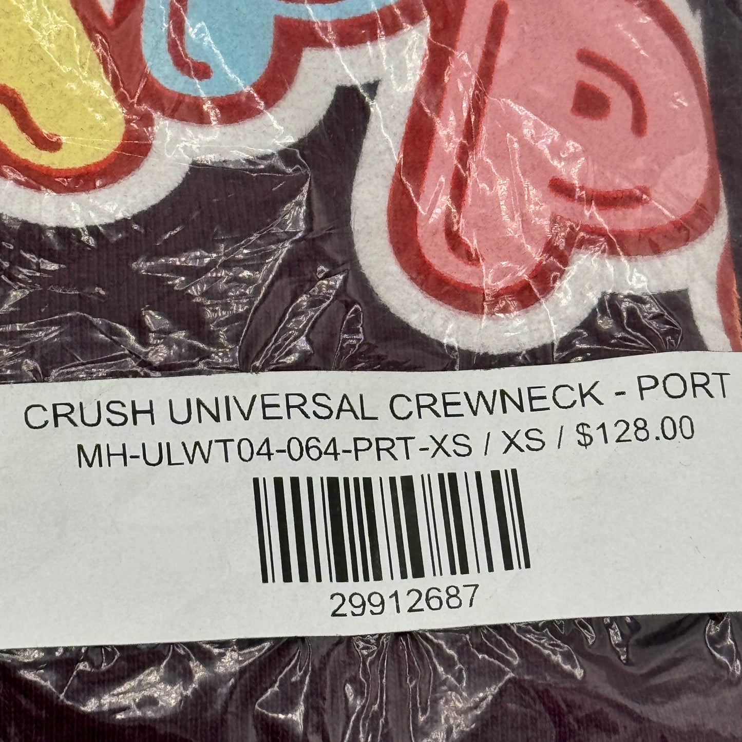 MadHappy Crush Universal Crewneck in Maroon Dark Red Candy Block Letters