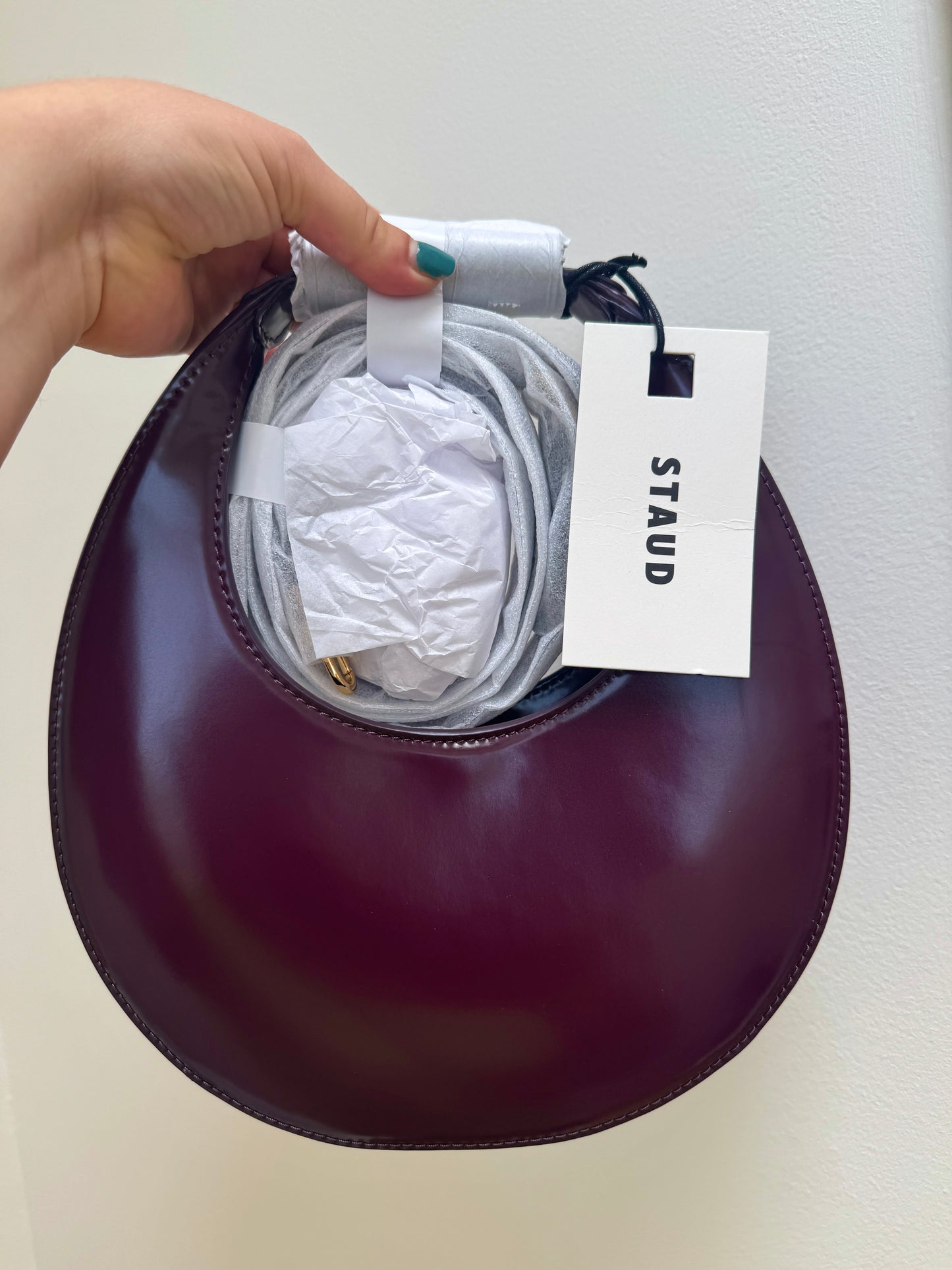 Staud Mini Moon Purse in Syrah Burgundy Leather, Crossbody Bag