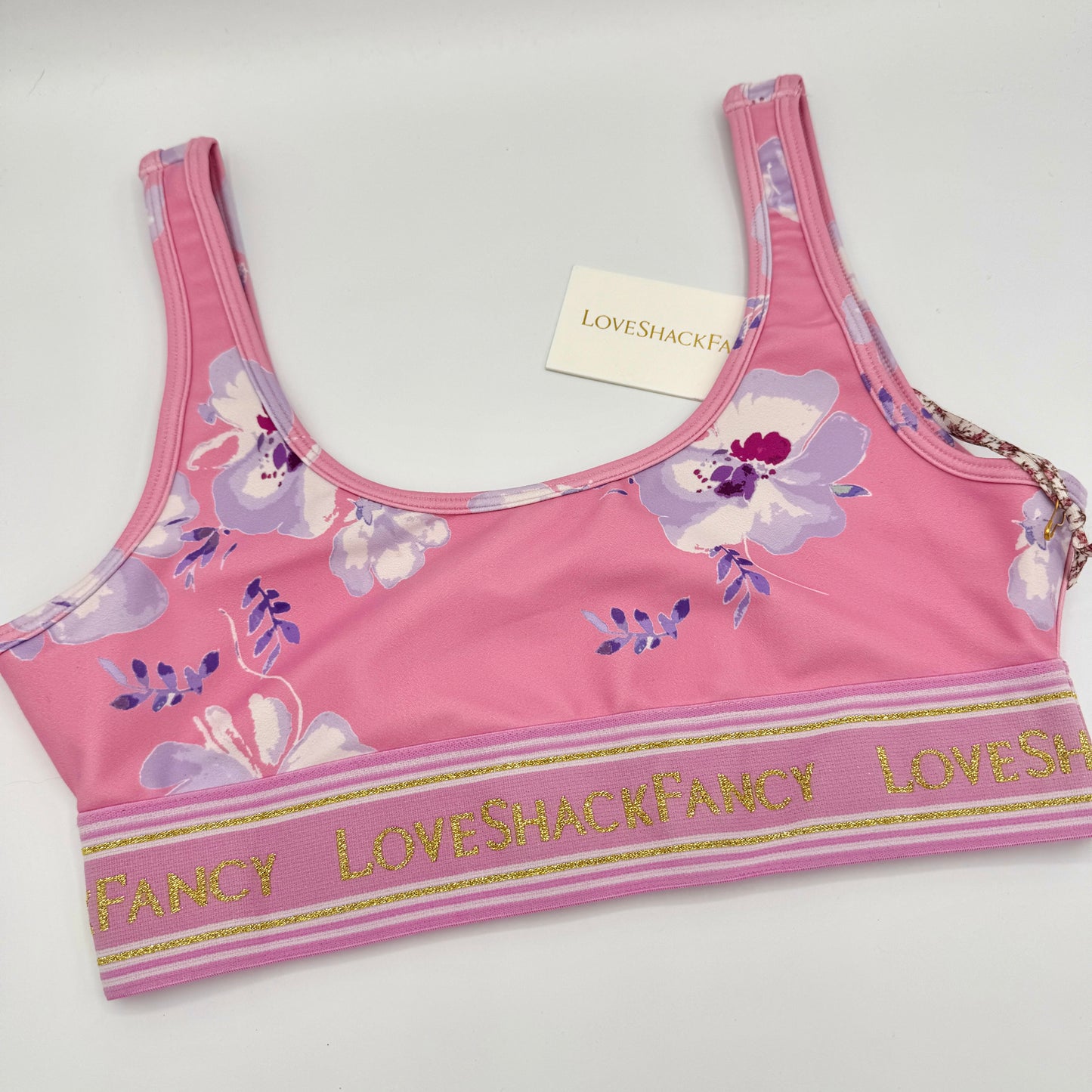 LoveShackFancy Ornice Sports Athletic Bra Light Pink Floral Gold Logo Flower