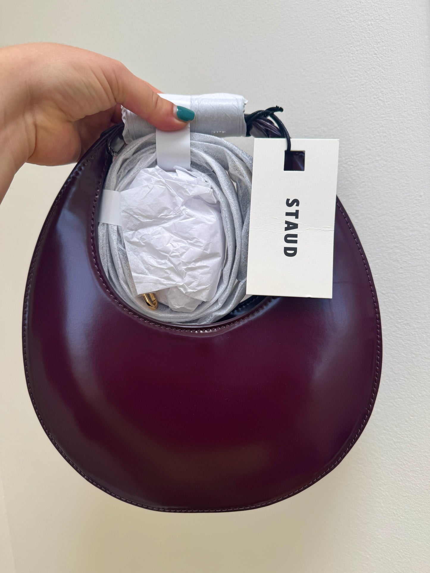 Staud Mini Moon Purse in Syrah Burgundy Leather, Crossbody Bag