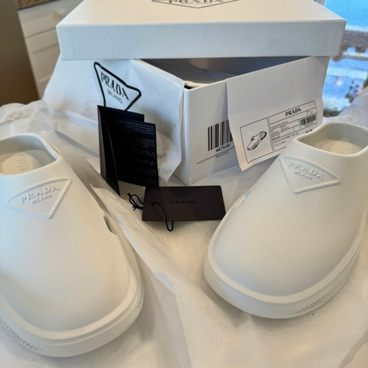 Prada Mellow Cut Out Slides Mules Womens Logo in White