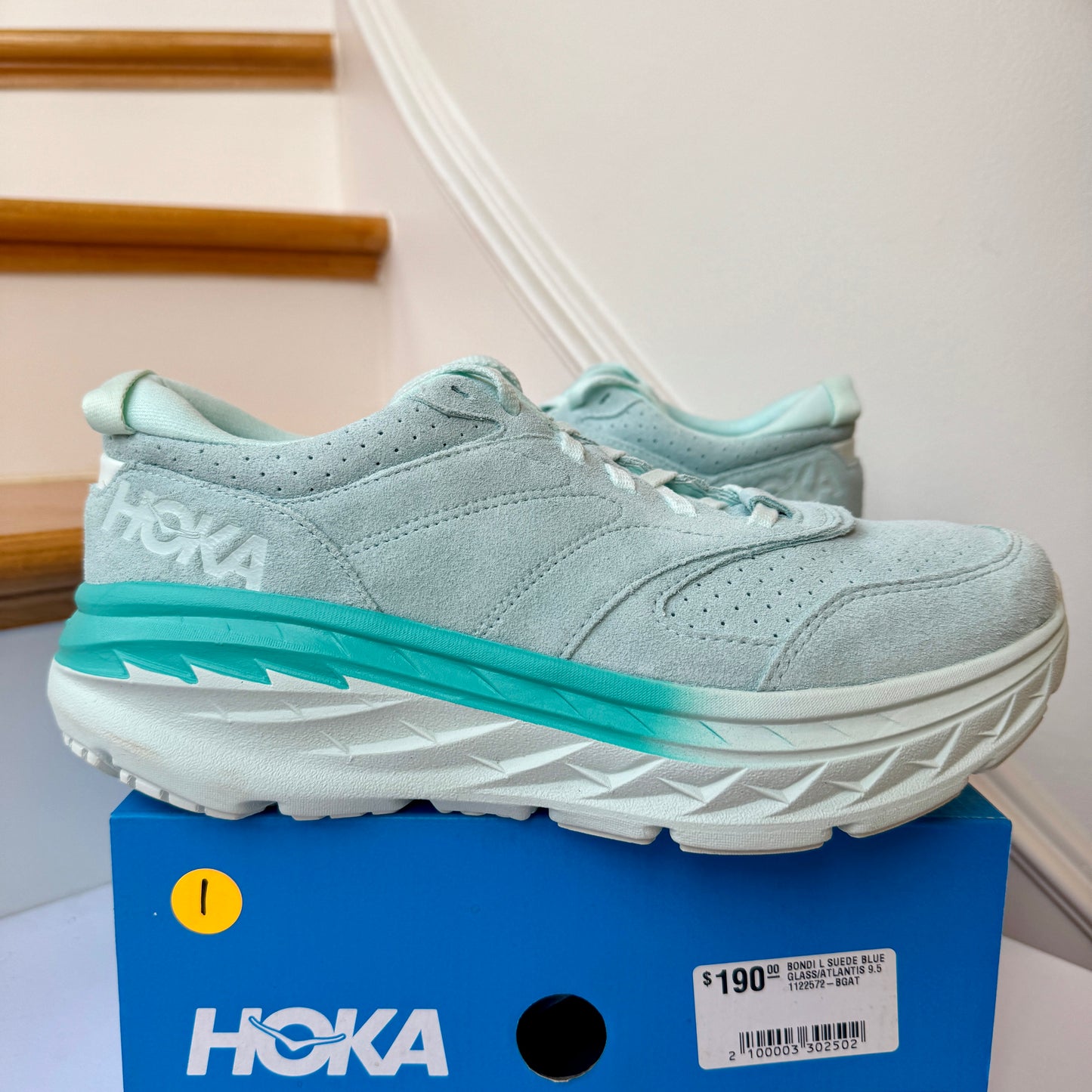 Hoka Bondi L SUEDE Leather U Unisex , Blue Glass / Atlantis Cushioned Shoes