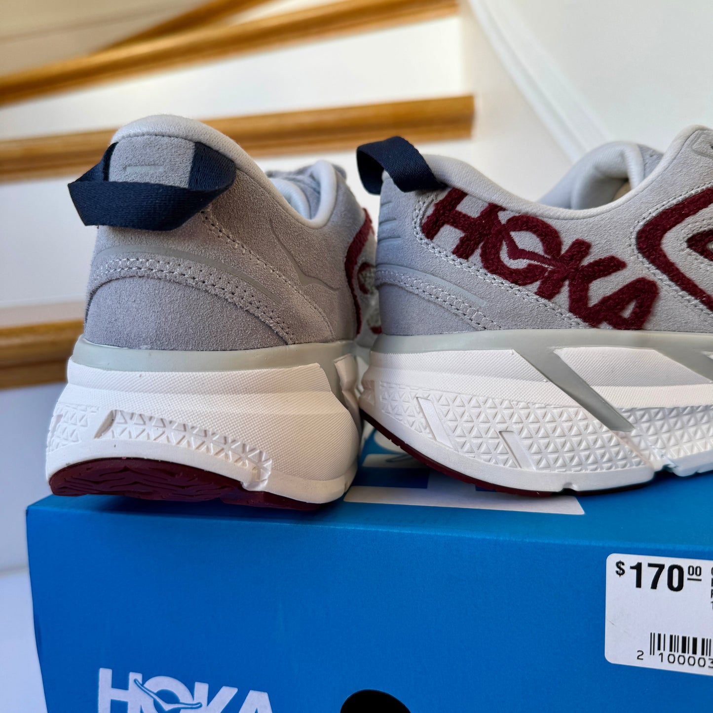 Hoka Clifton Suede Embroidery L Leather Unisex  Grey / Maroon Red Lunar rock Cabernet