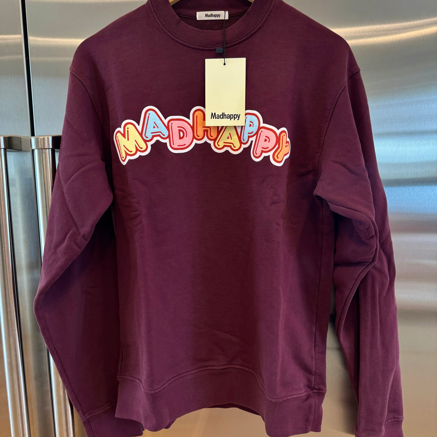 MadHappy Crush Universal Crewneck in Maroon Dark Red Candy Block Letters