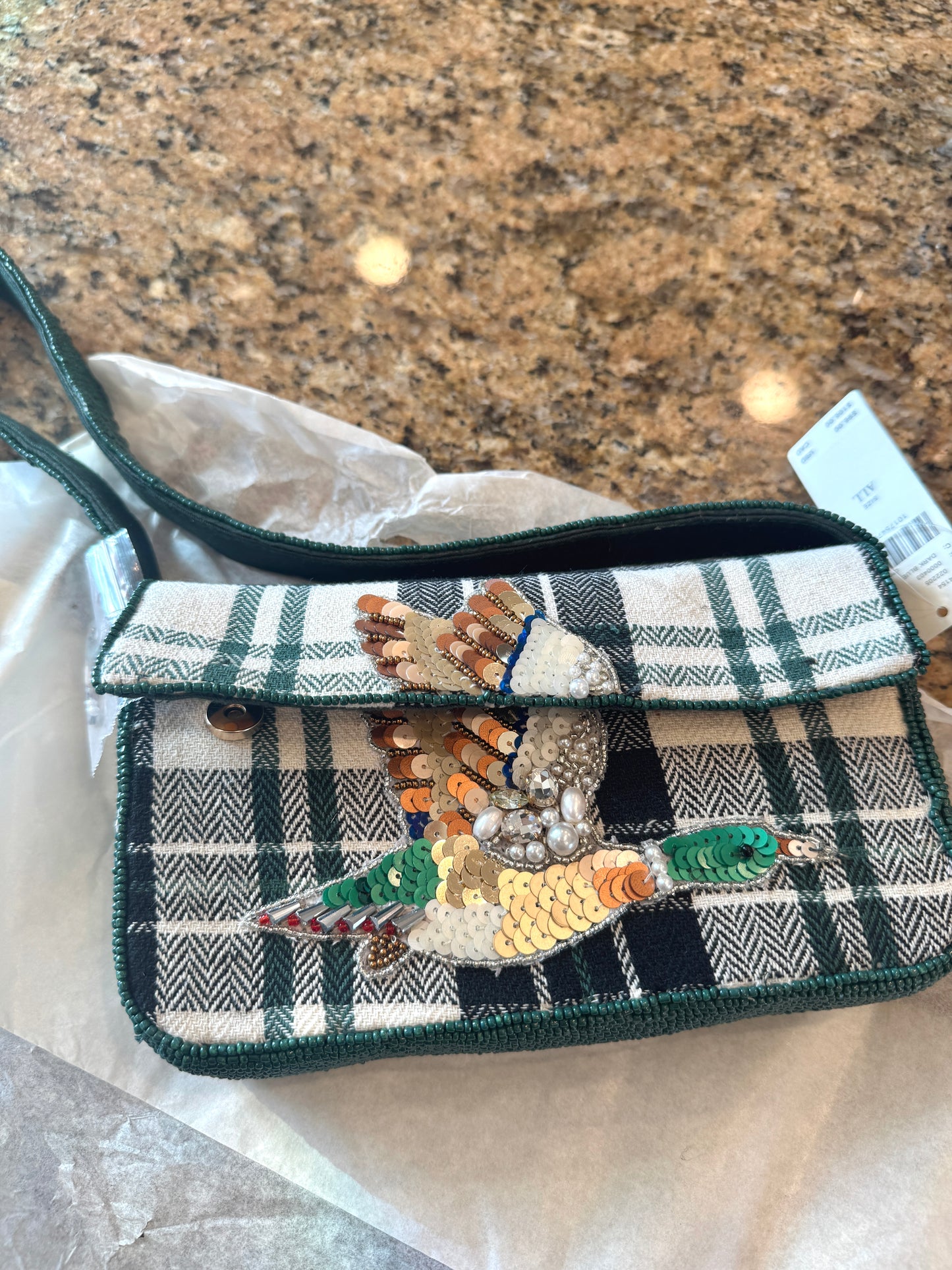 Anthropologie Green Plaid Flannel Fiona Beaded Bag Animal Edition Duck Purse