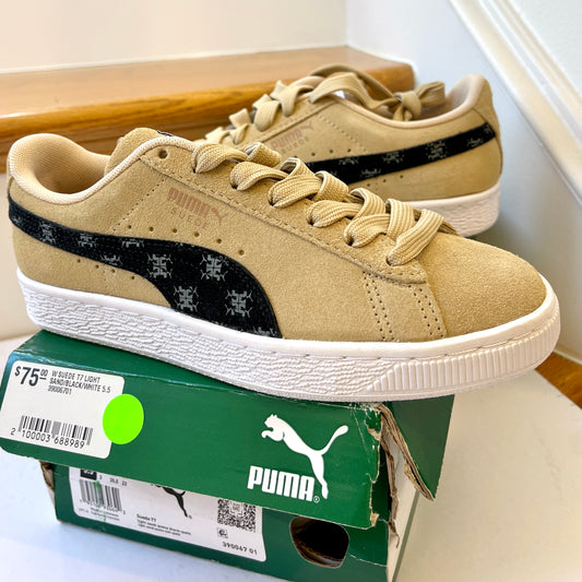 Puma Women’s Suede Classic T7 Sneakers in sand tan beige / black / white