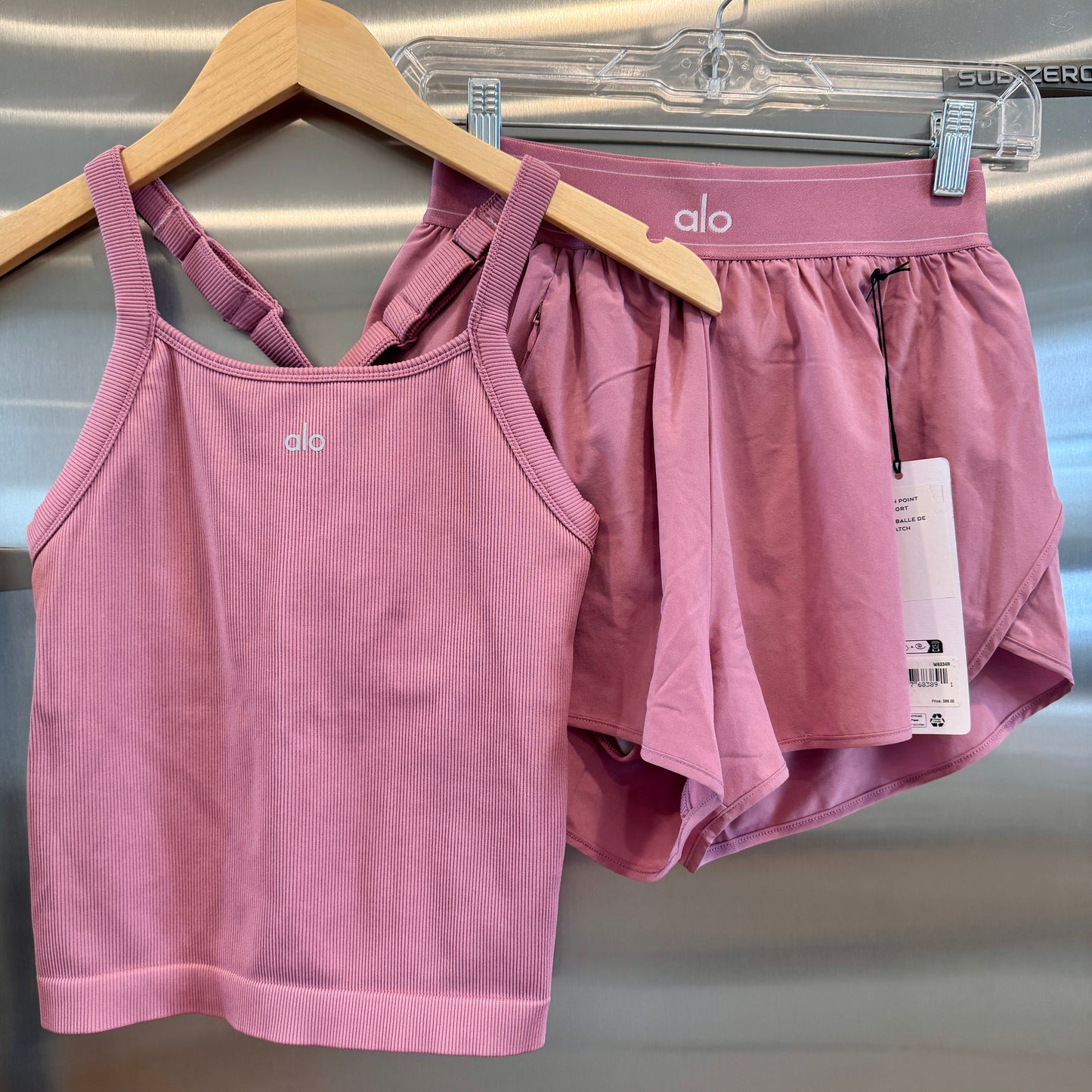 Alo Matching Set- Match Point Shorts and Seamless Ribbed Favorite Full Length Bra Tank Top in Pink Wild Rose