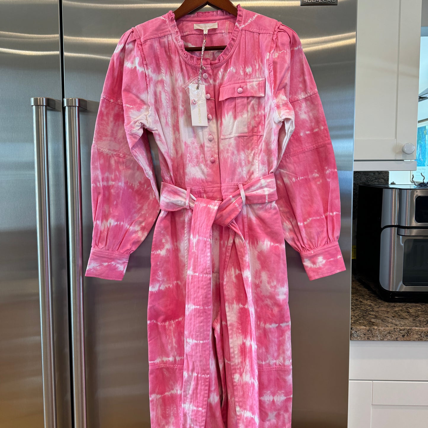 LoveShackFancy Paca Jumpsuit in Hibiscus Hand Dyed Pink white Tie-dye