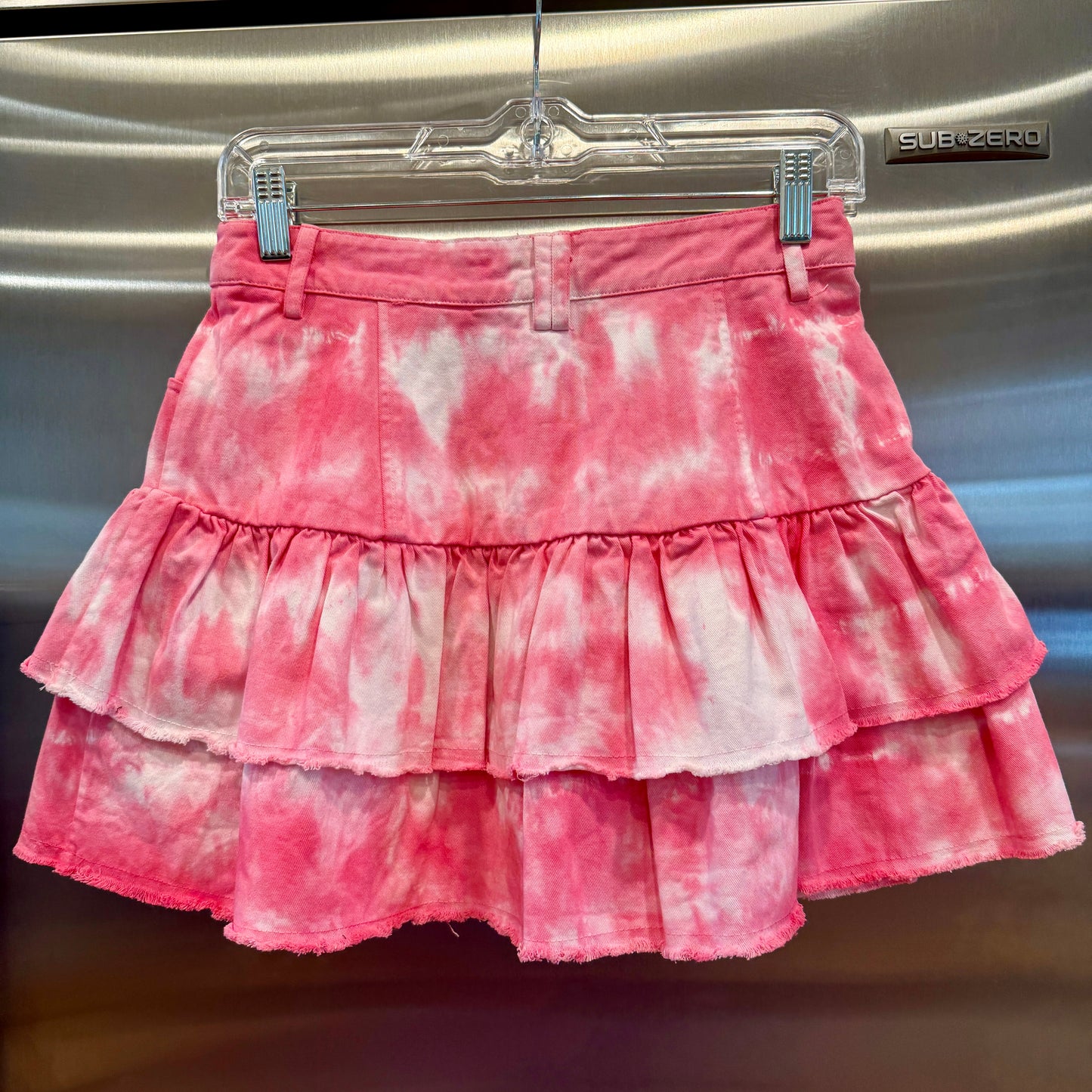 LoveShackFancy Landen Mini Skirt Hibiscus Pink Hand Dye Tiered Ruffle