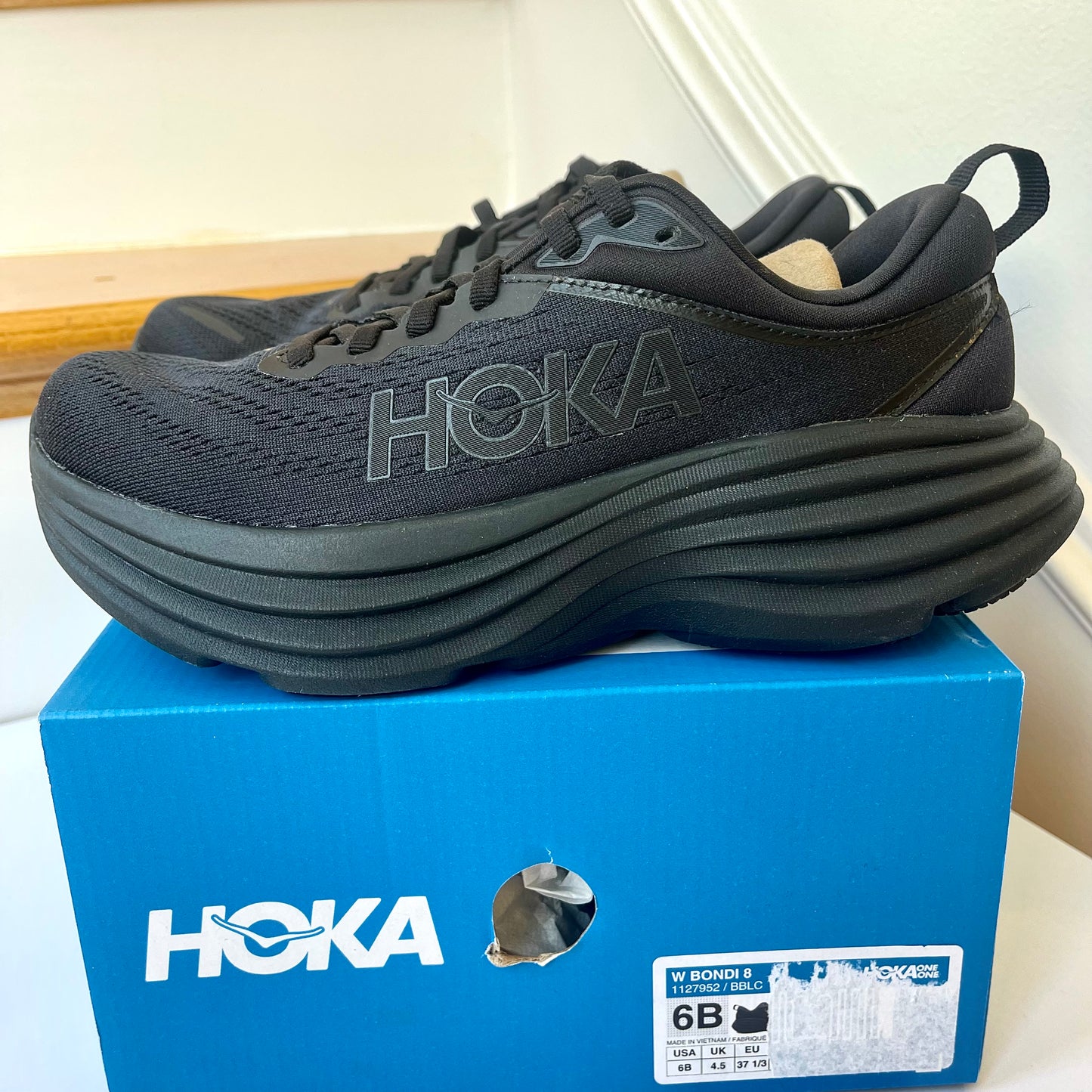 Hoka Bondi 8 Running Shoes in all black women’s / men’s BBLC running athletic shoe