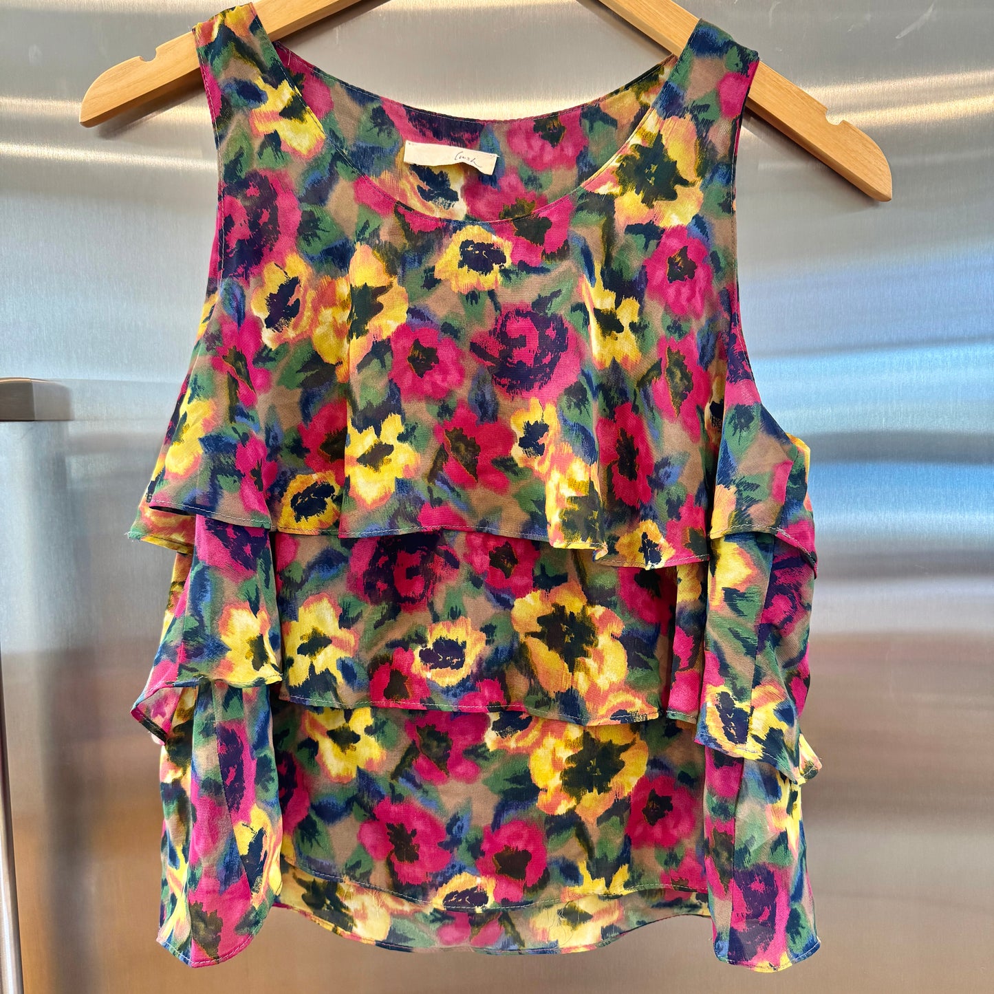 Lush Floral Ruffle Tiered Tank Top Polyester Chiffon Flower Multicolor * Pre-Owned