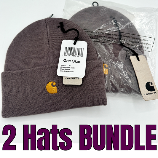 Carhartt BUNDLE of 2x Chase Beanie Misty Thistle Gold Logo Embroidery Hats