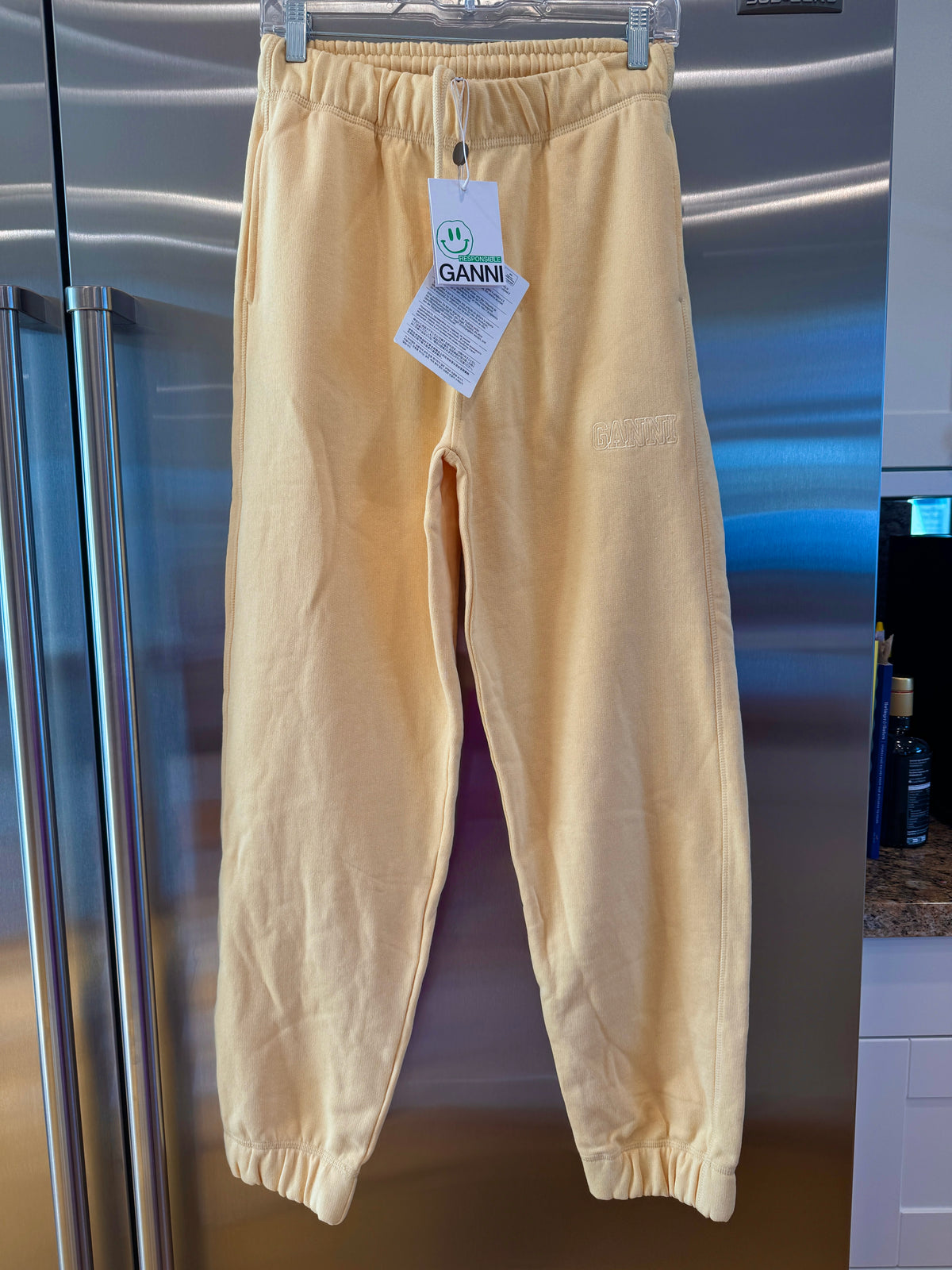 Ganni Isoli Sweatpants in Yellow French Terry Cotton with embroidered logo