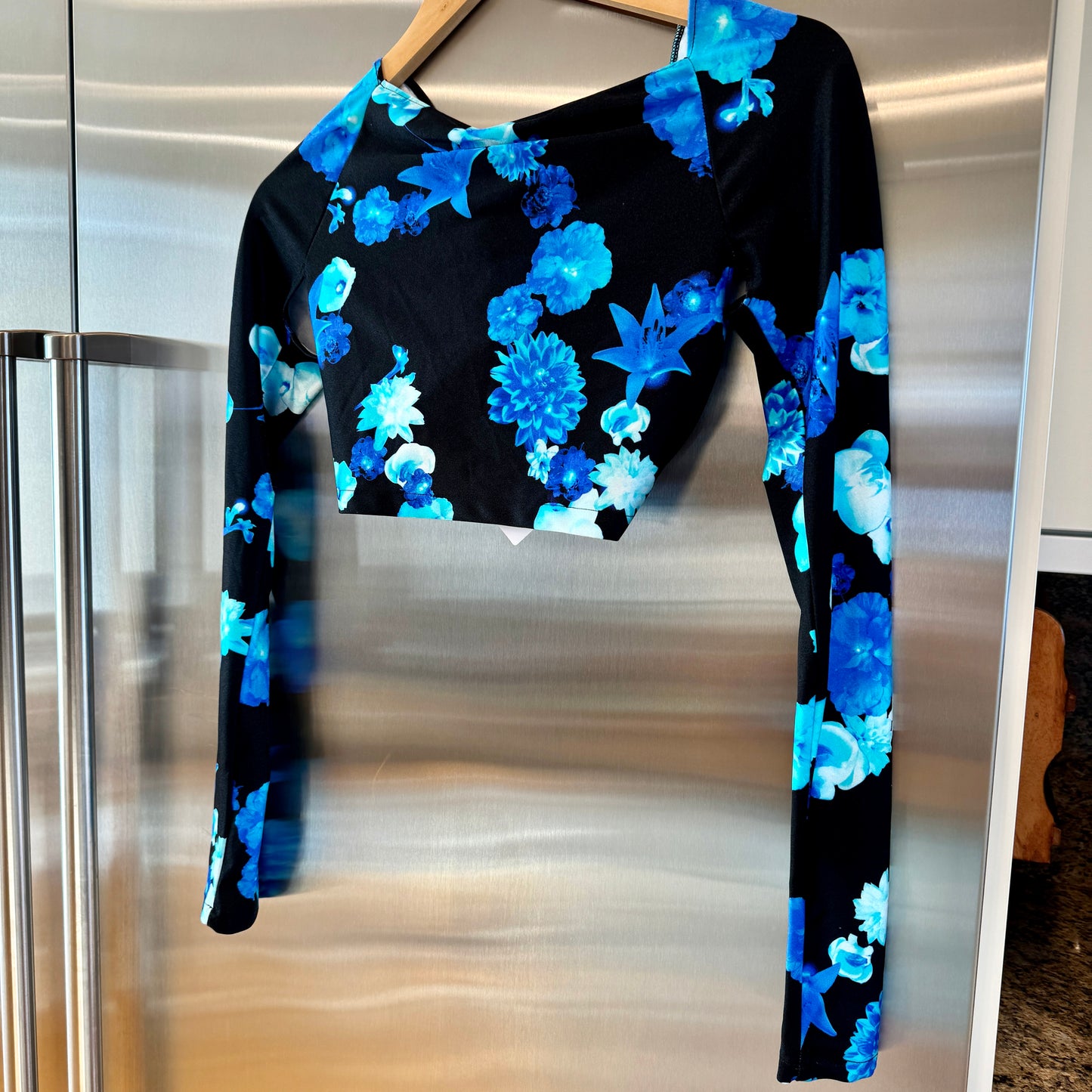 Coperni Twist Cutout Cropped Draped Top Long Sleeve Crop in Black / Blue Flowers