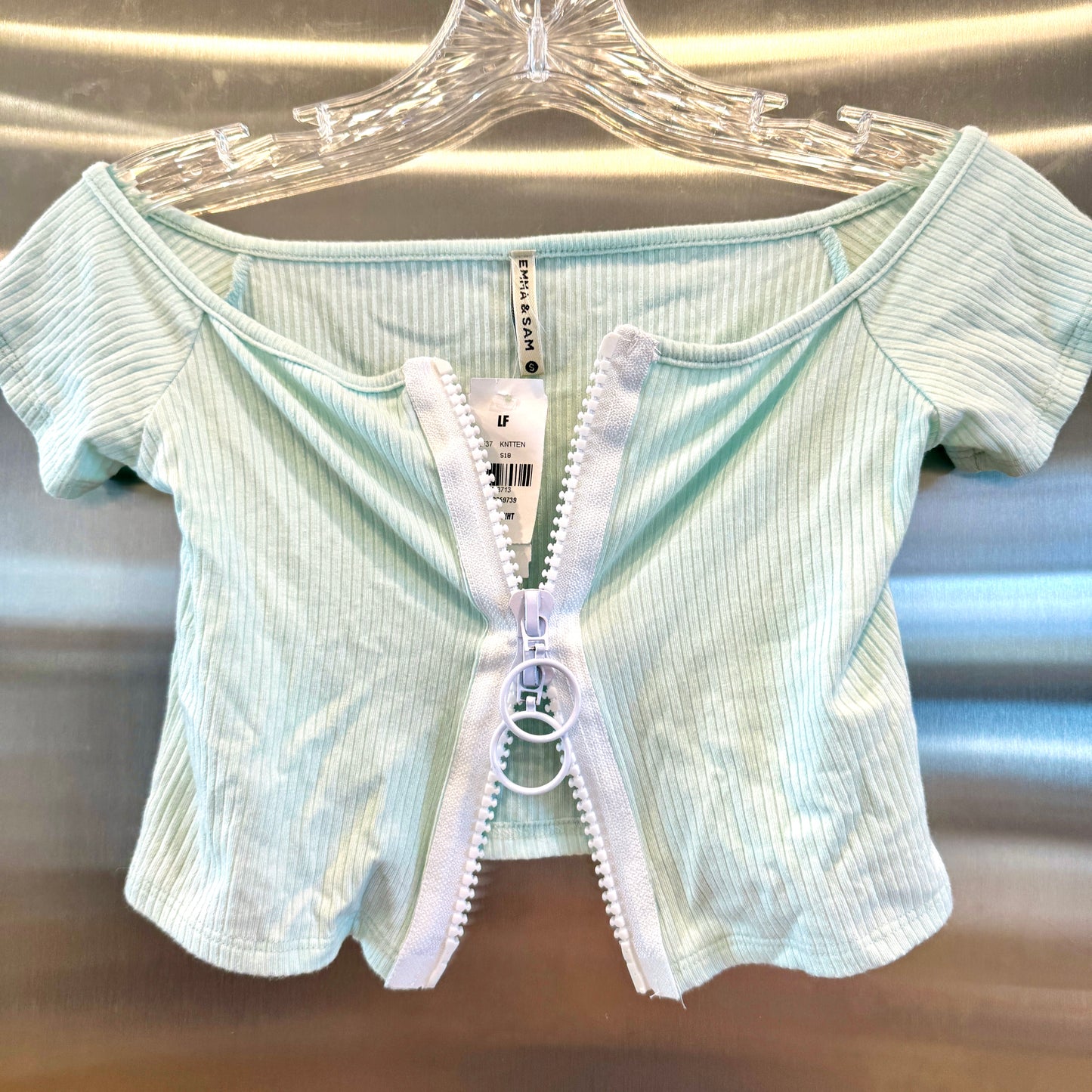 LF Emma and Sam Mint Light Pastel Green Ribbed Crop Top with white zipper