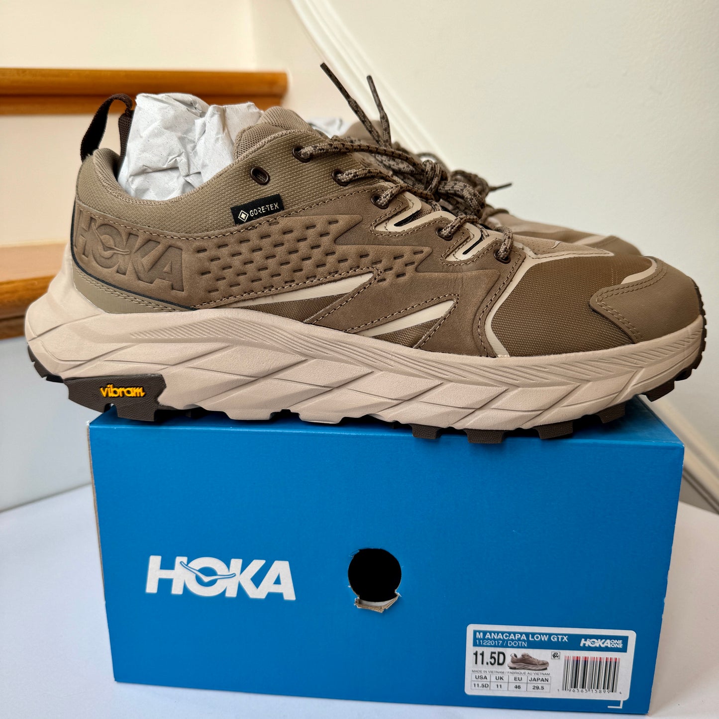 Hoka Anacapa Low GTX Hiking Shoes in Dune Oxford Tan Brown Gore Tex Boots