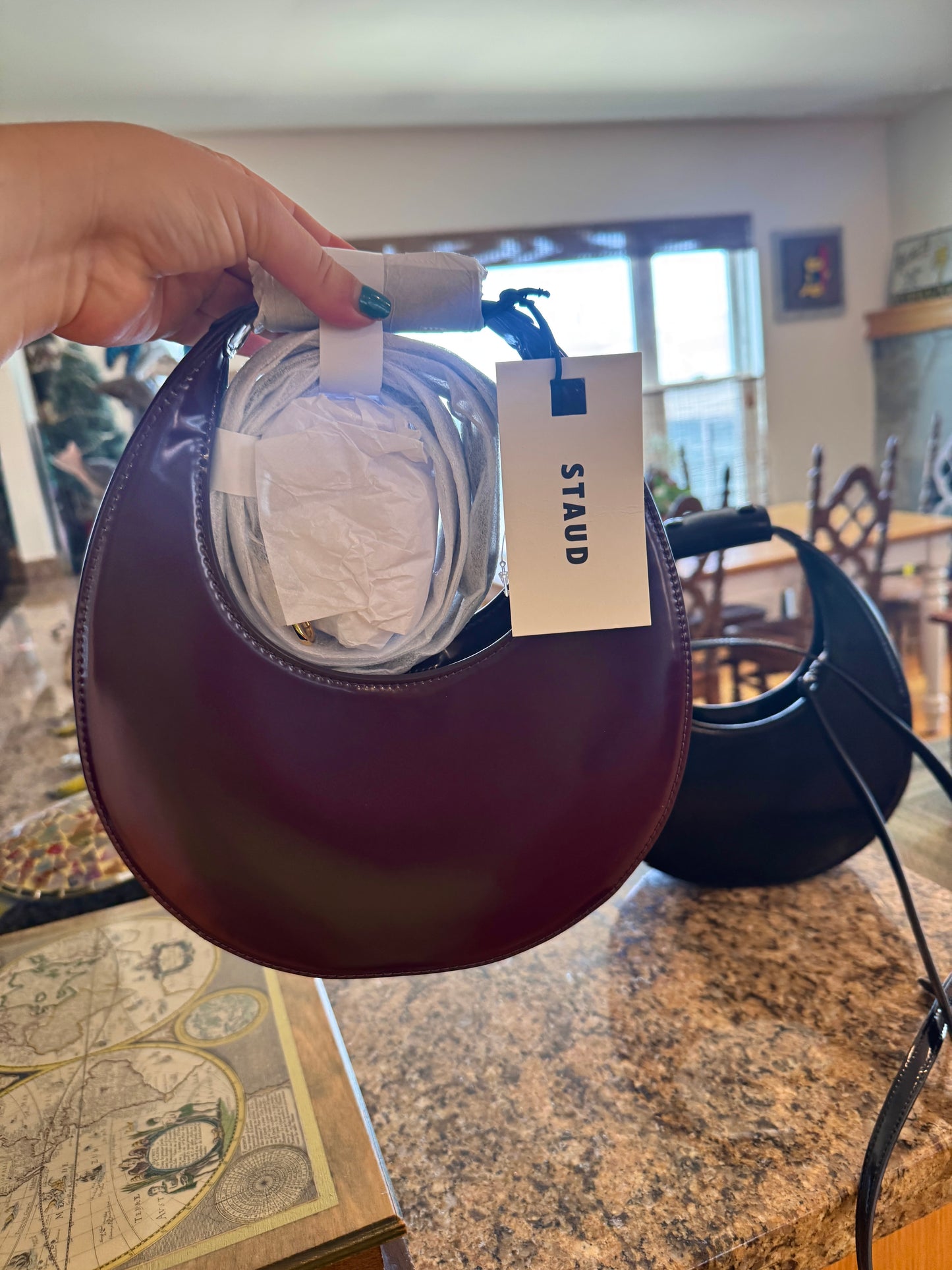 Staud Mini Moon Purse in Syrah Burgundy Leather, Crossbody Bag