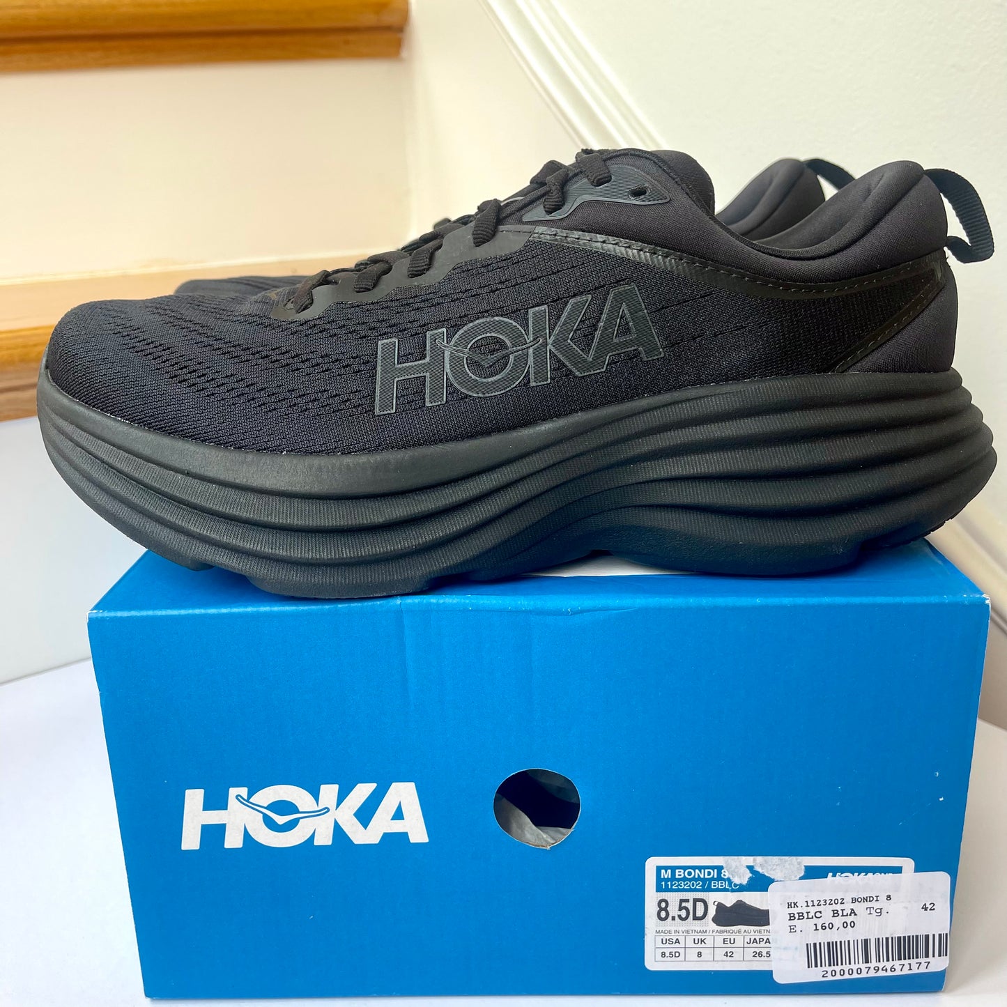 Hoka Bondi 8 Running Shoes in all black women’s / men’s BBLC running athletic shoe