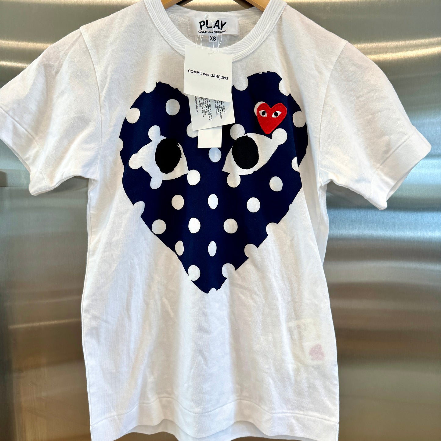 Commes Des Garçons Play White Polka Dot Classic Heart T Shirt Navy tee CDG