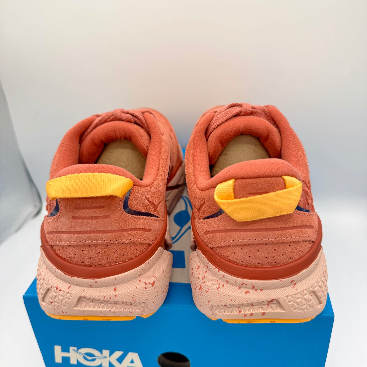 Hoka Clifton L Suede in Earthenware/ Hot Sauce Red Unisex Leather Sneakers