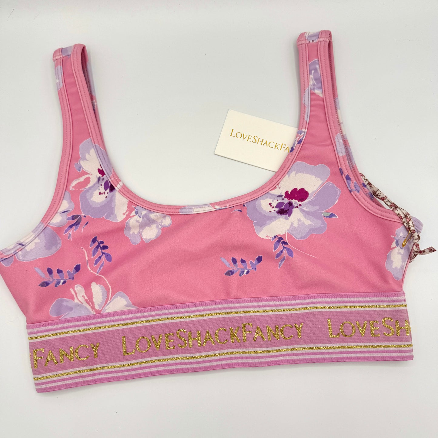 LoveShackFancy Ornice Sports Athletic Bra Light Pink Floral Gold Logo Flower