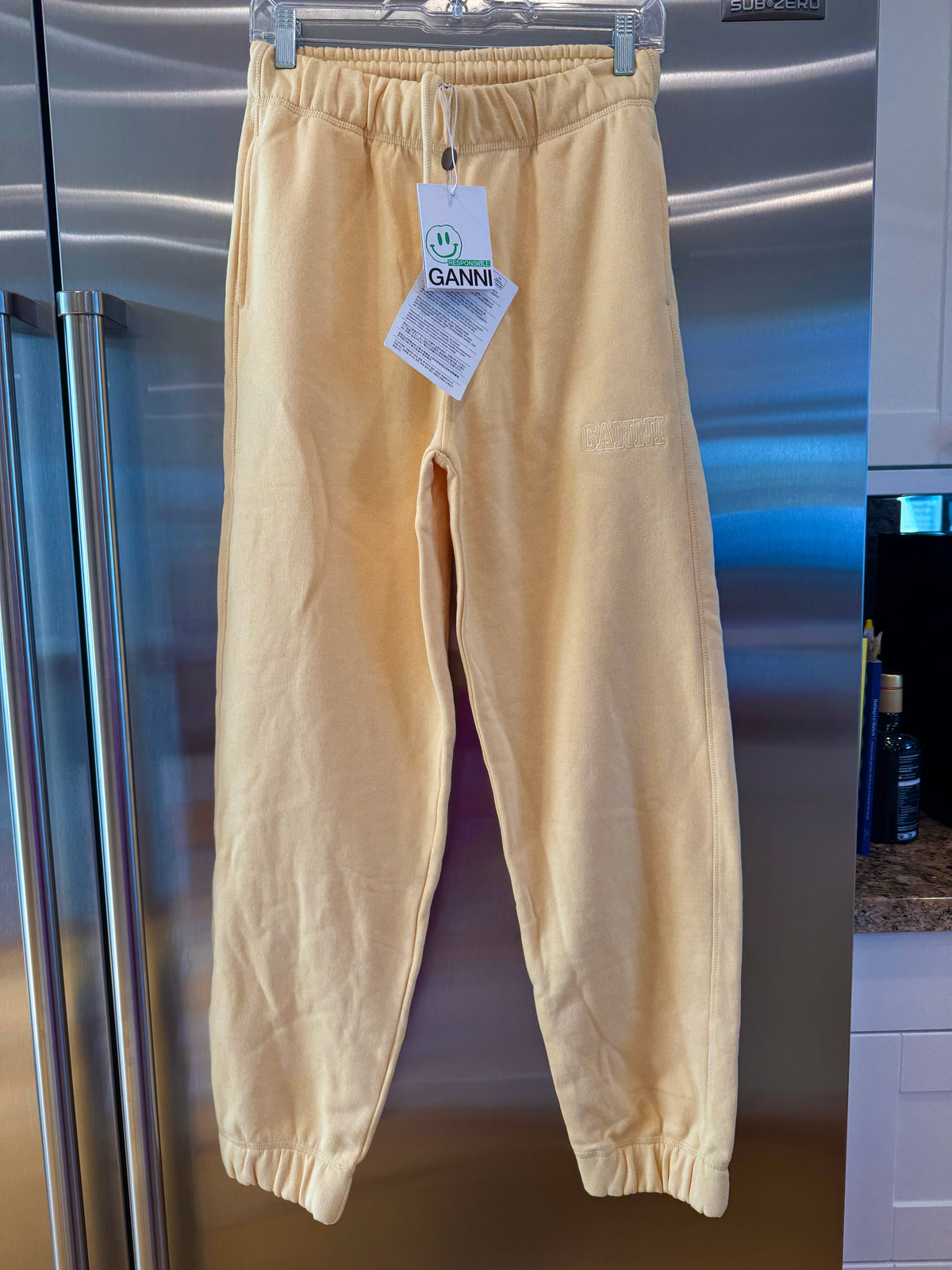 Ganni Isoli Sweatpants in Yellow French Terry Cotton with embroidered logo