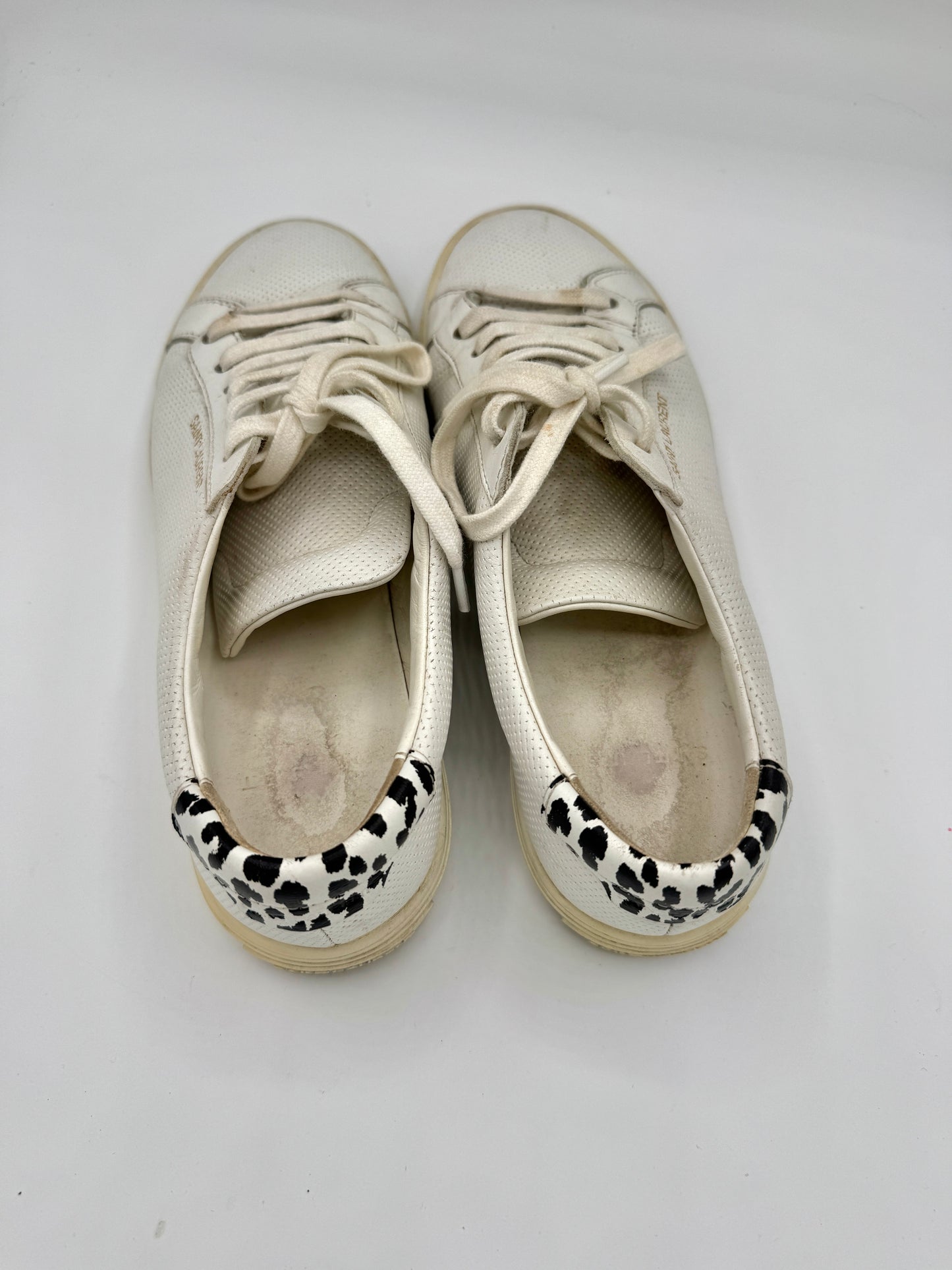 Saint Laurent Pre-Owned Perforated Andy leather sneakers in white with leopard trim