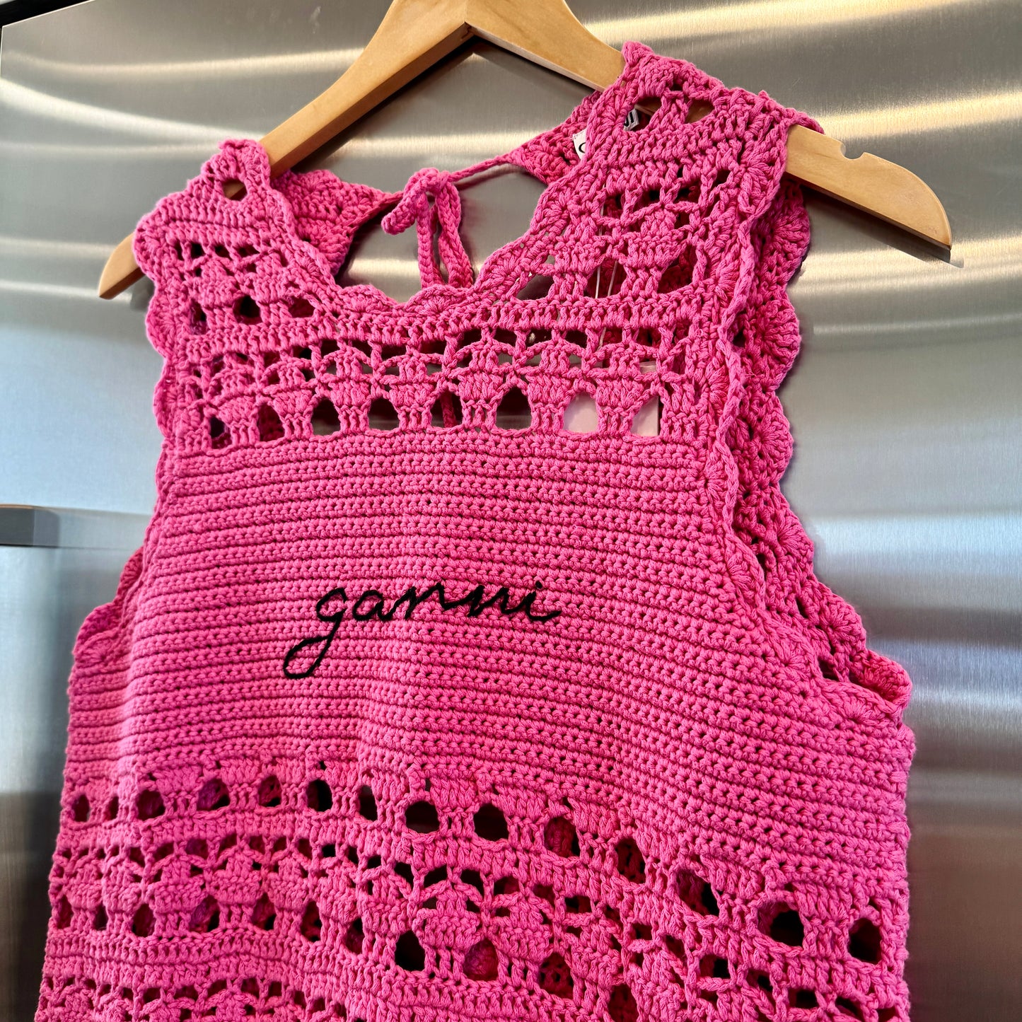 Ganni Pink Crochet Knit Coverup Mini Dress in Shocking Pink Embroidered Logo