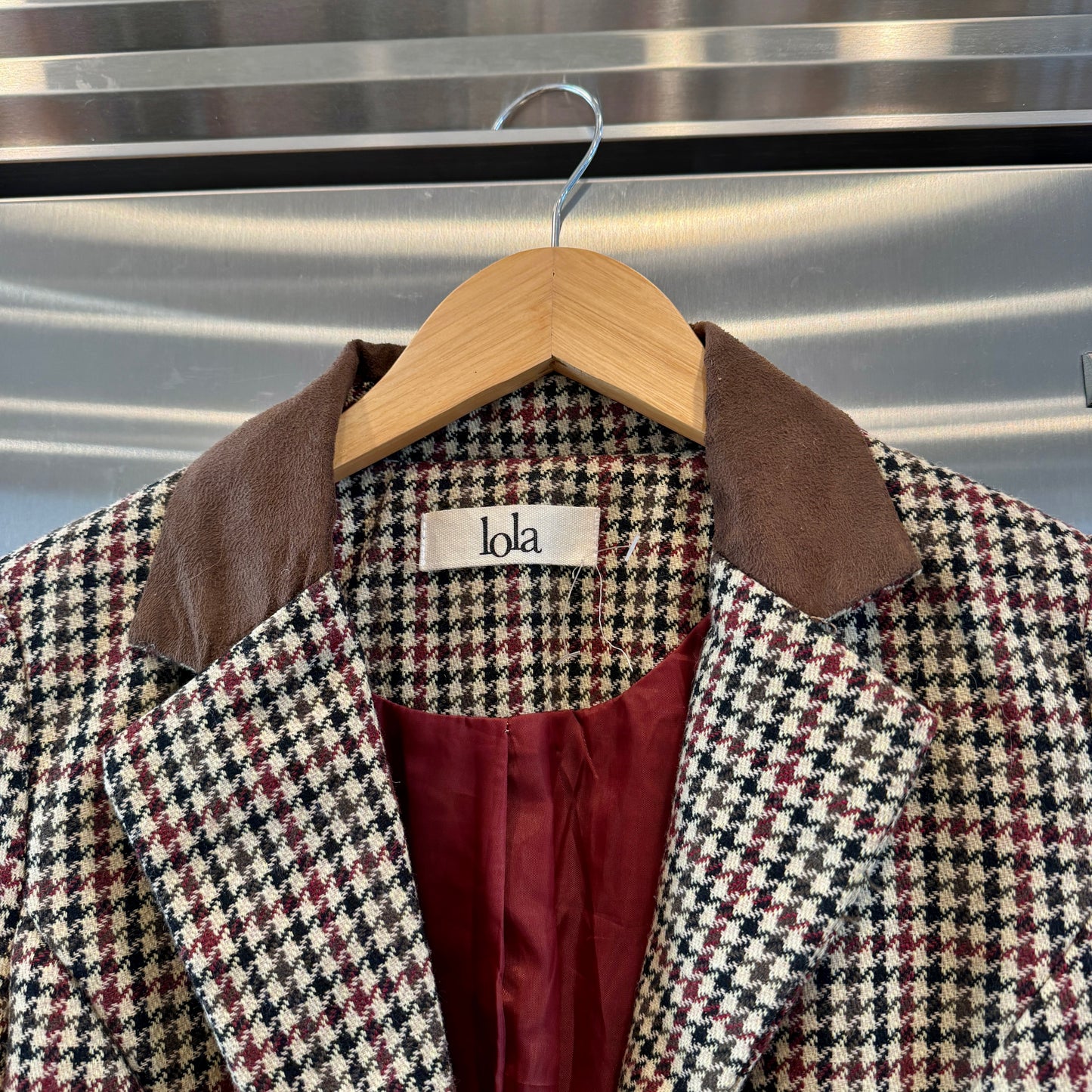 Lola Houndstooth Vintage Blazer Collared Jacket with Brown Maroon black tan fitted * Pre-owned