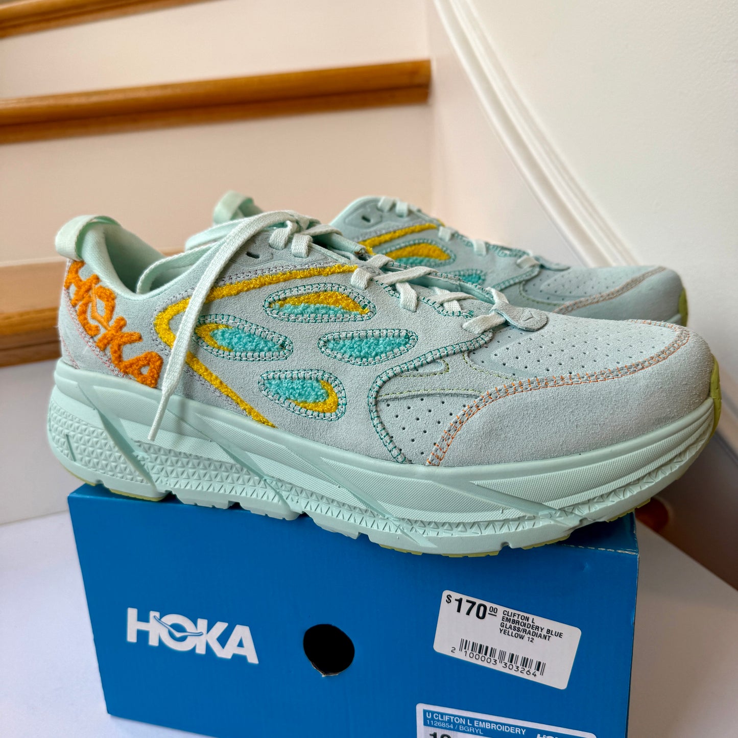 Hoka Clifton L Embroidery UNISEX Shoes Leather blue glass yellow aqua