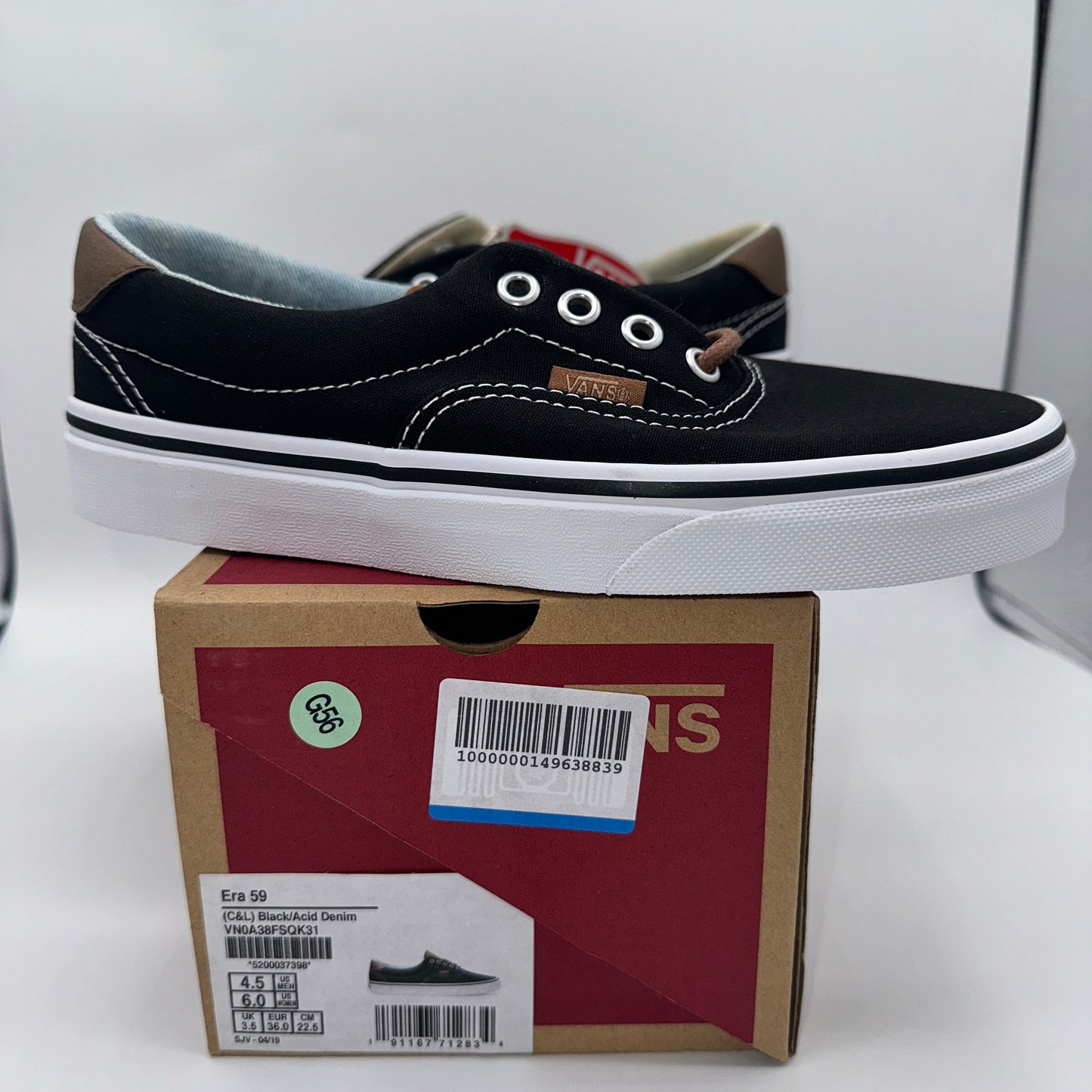 Vans Classic Era 59 Sneakers in Black C & L Acid Denim Brown Leather Trim