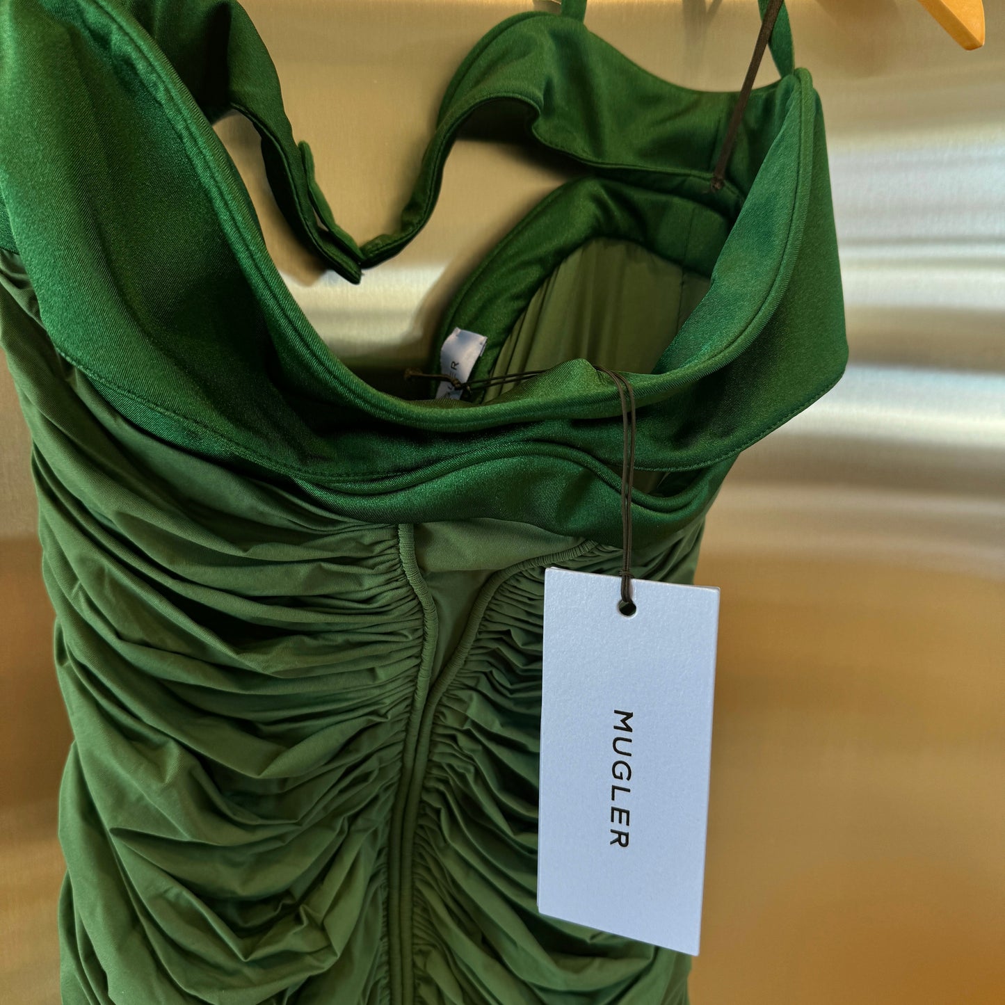 Mugler Mini Dress in Emerald British Green Ruched Knit Stretch