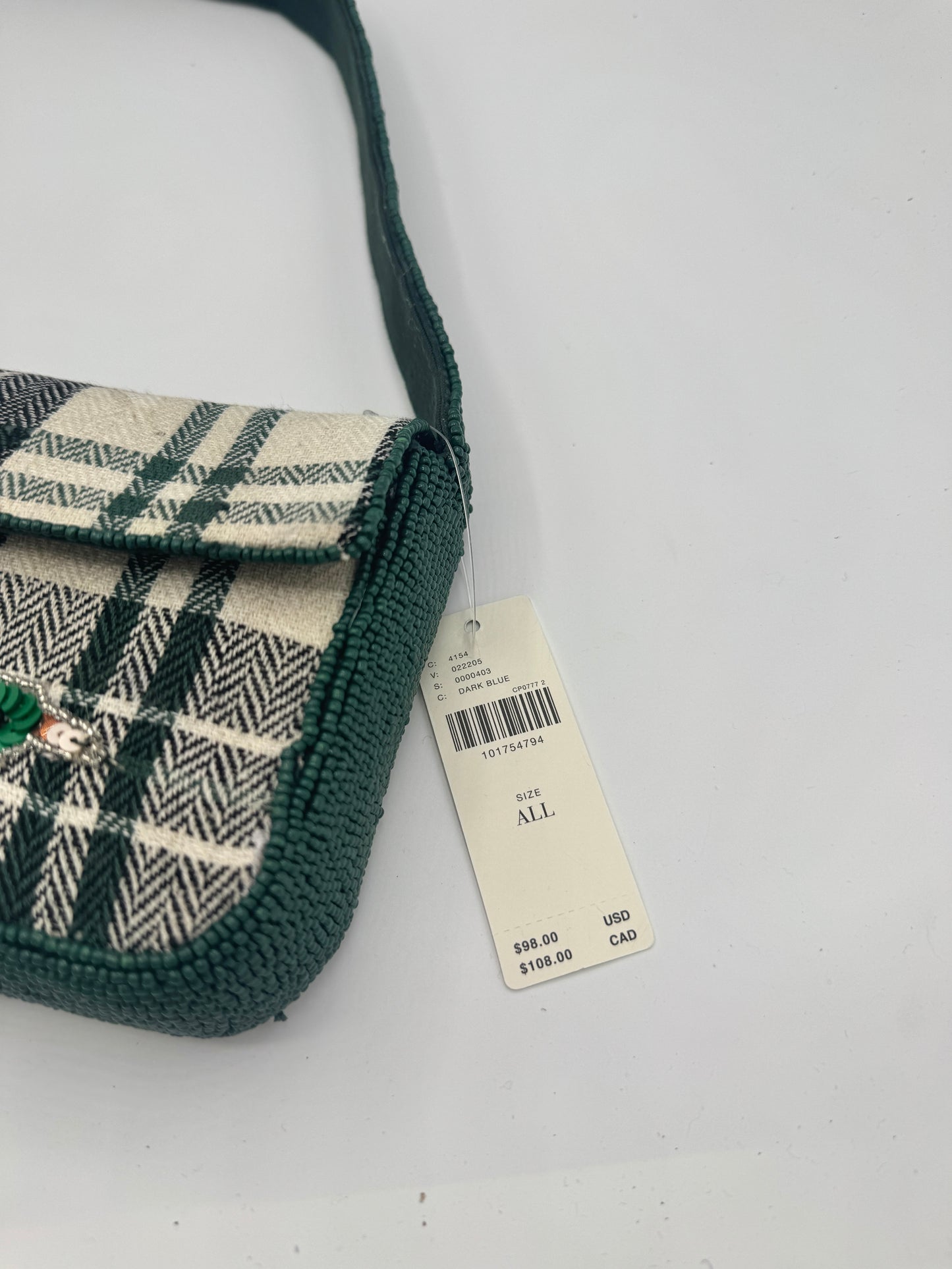 Anthropologie Green Plaid Flannel Fiona Beaded Bag Animal Edition Duck Purse