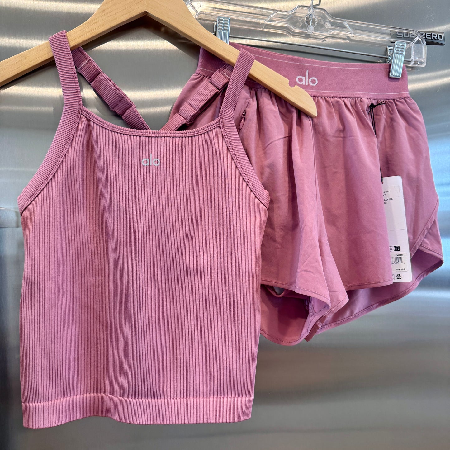 Alo Matching Set- Match Point Shorts and Seamless Ribbed Favorite Full Length Bra Tank Top in Pink Wild Rose