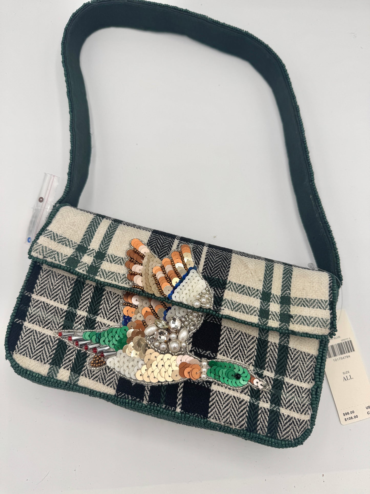 Anthropologie Green Plaid Flannel Fiona Beaded Bag Animal Edition Duck Purse
