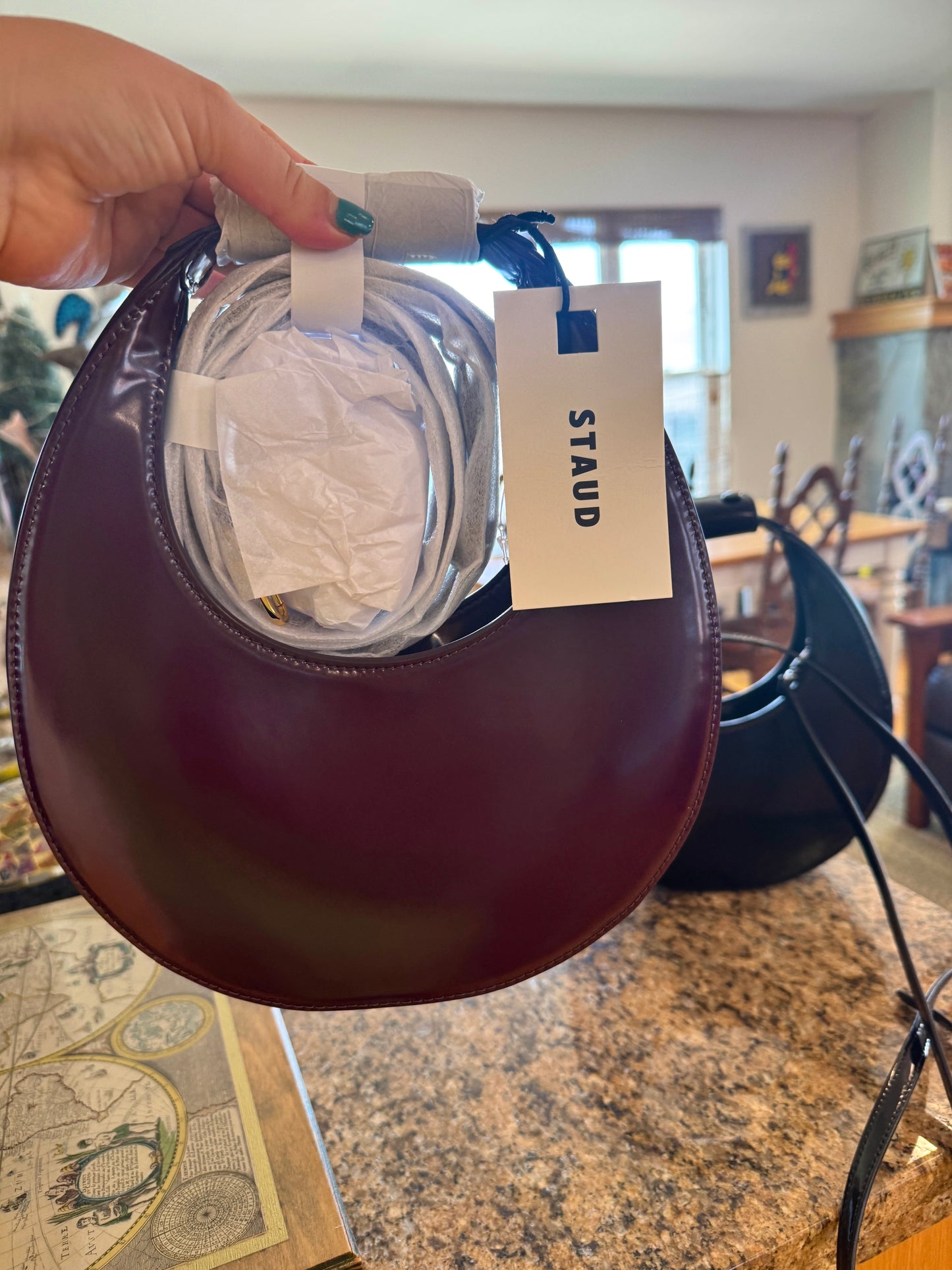 Staud Mini Moon Purse in Syrah Burgundy Leather, Crossbody Bag