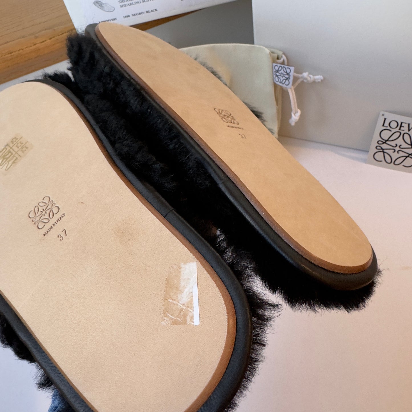 Loewe Slippers with leather anagram and black Shearling Fur , brand NEW