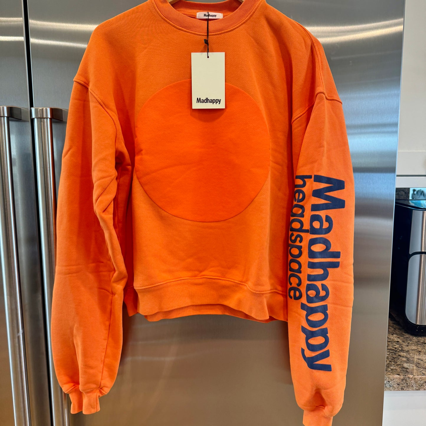 MadHappy Headspace Heritage Universal Crewneck Sweatshirt in Orange with navy raised logo