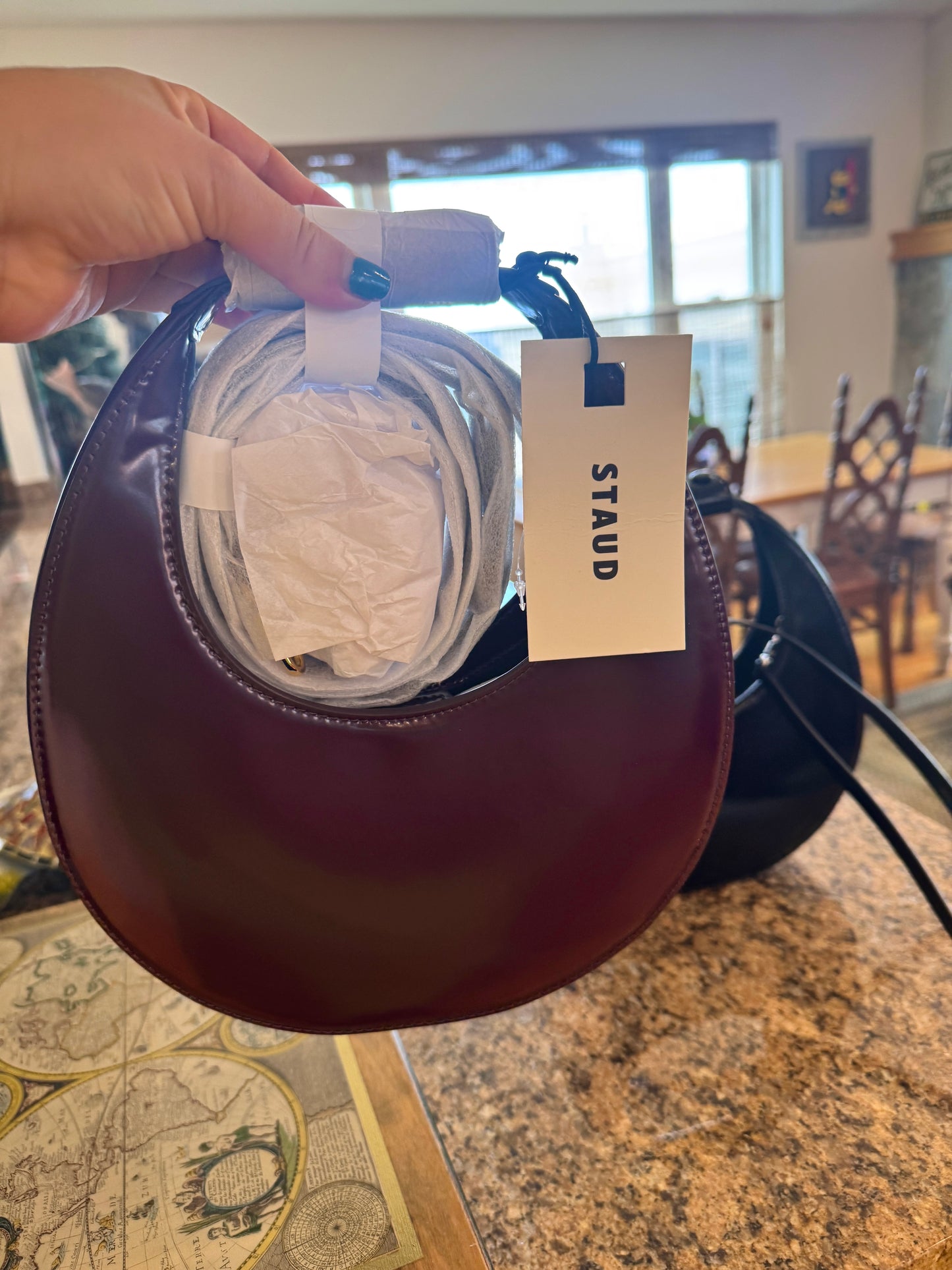 Staud Mini Moon Purse in Syrah Burgundy Leather, Crossbody Bag